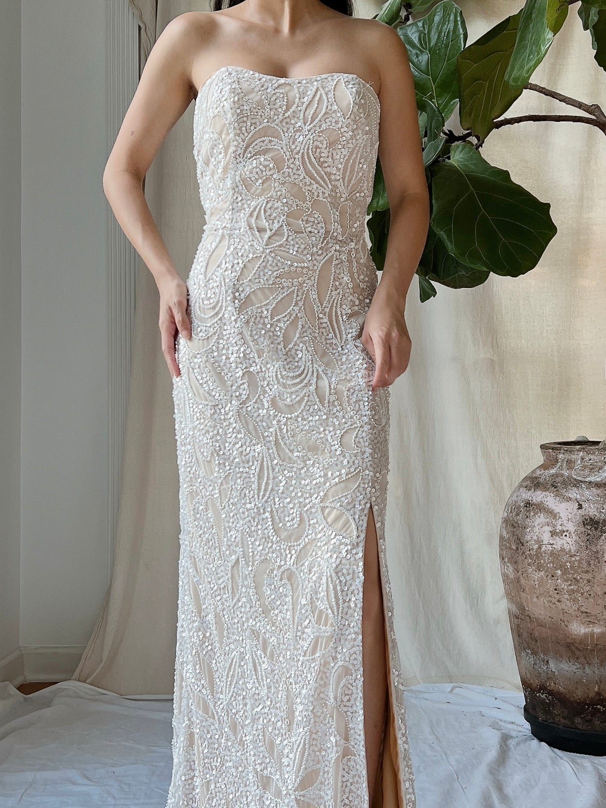 Y2K Ivory/Nude Beaded Gown - S