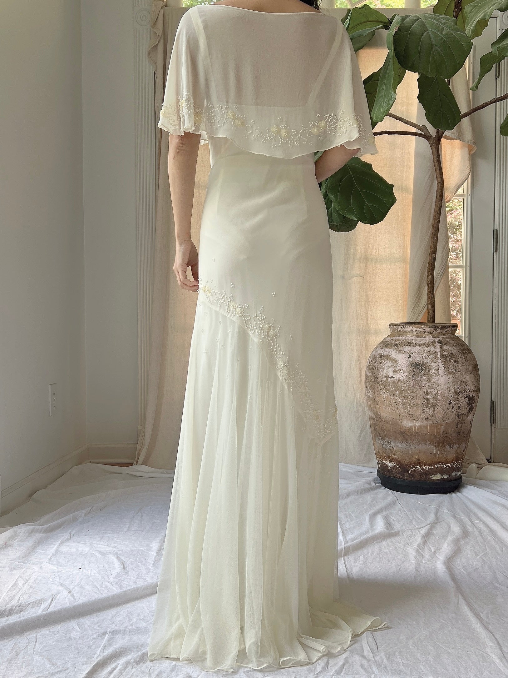 Vintage Chiffon Cape Sleeves Gown - M