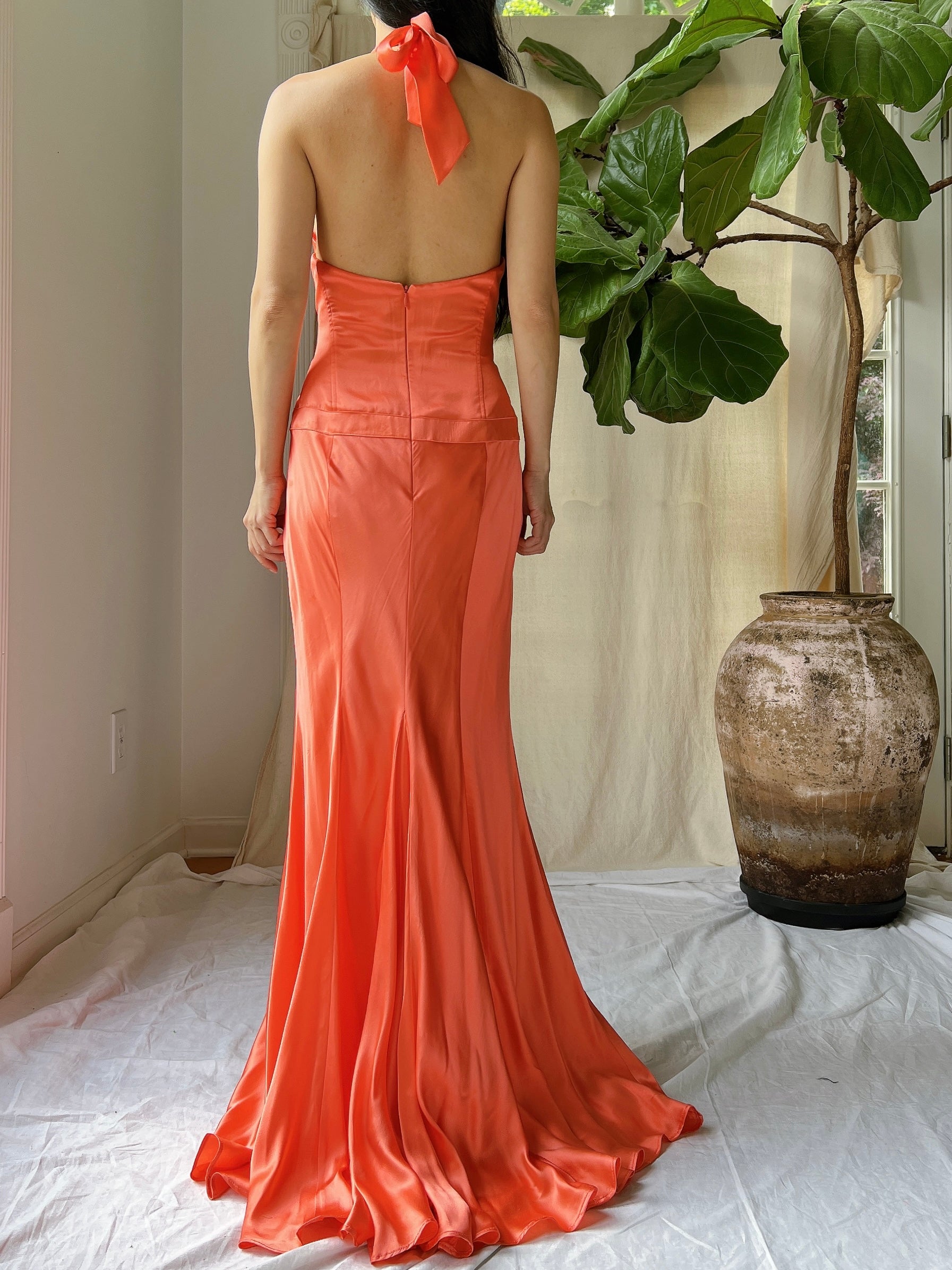 Vintage Silk Coral Plunge Gown - M