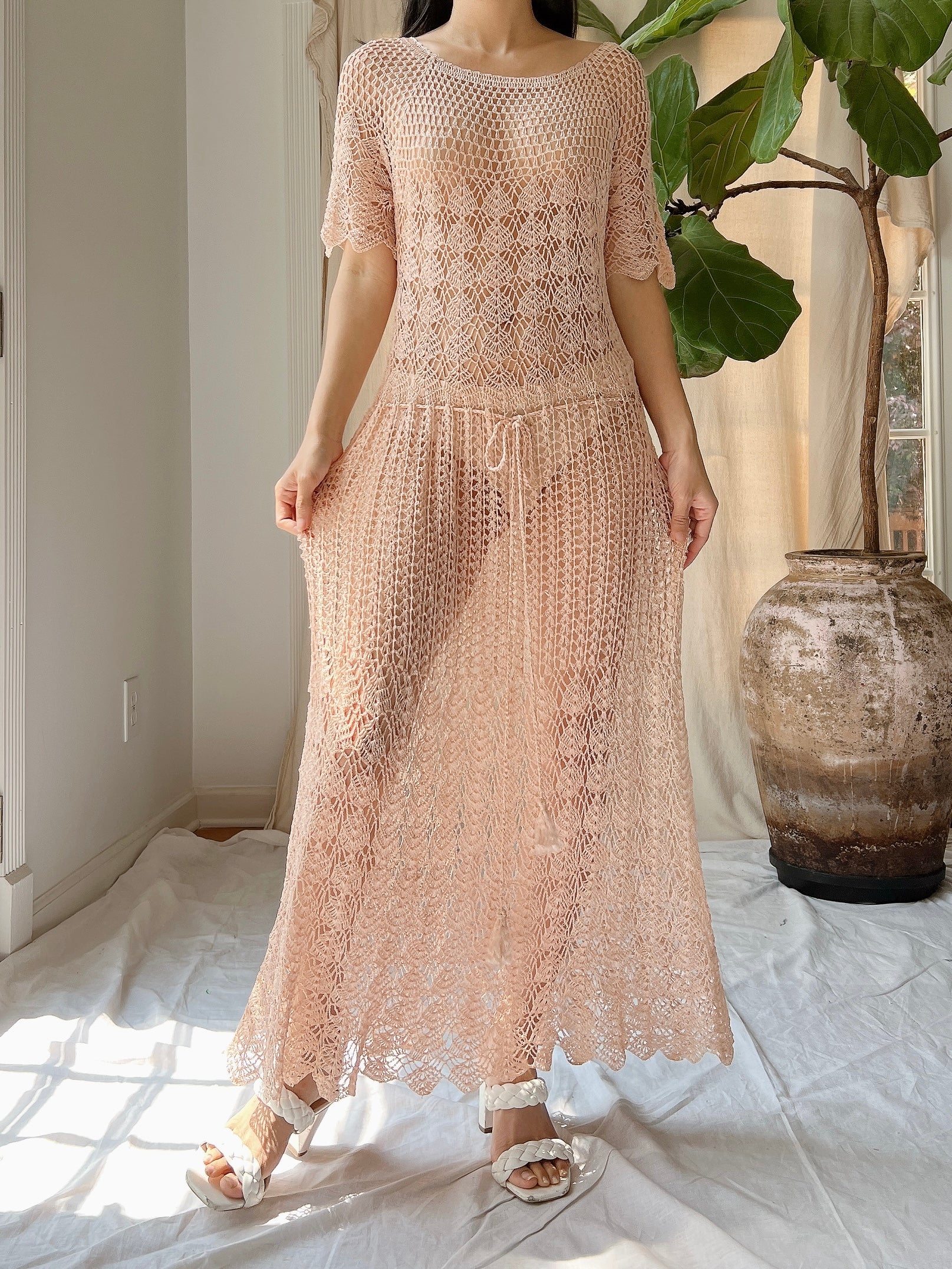 pink crochet dress 1970s Dusty Pink Crochet Dress - S-M