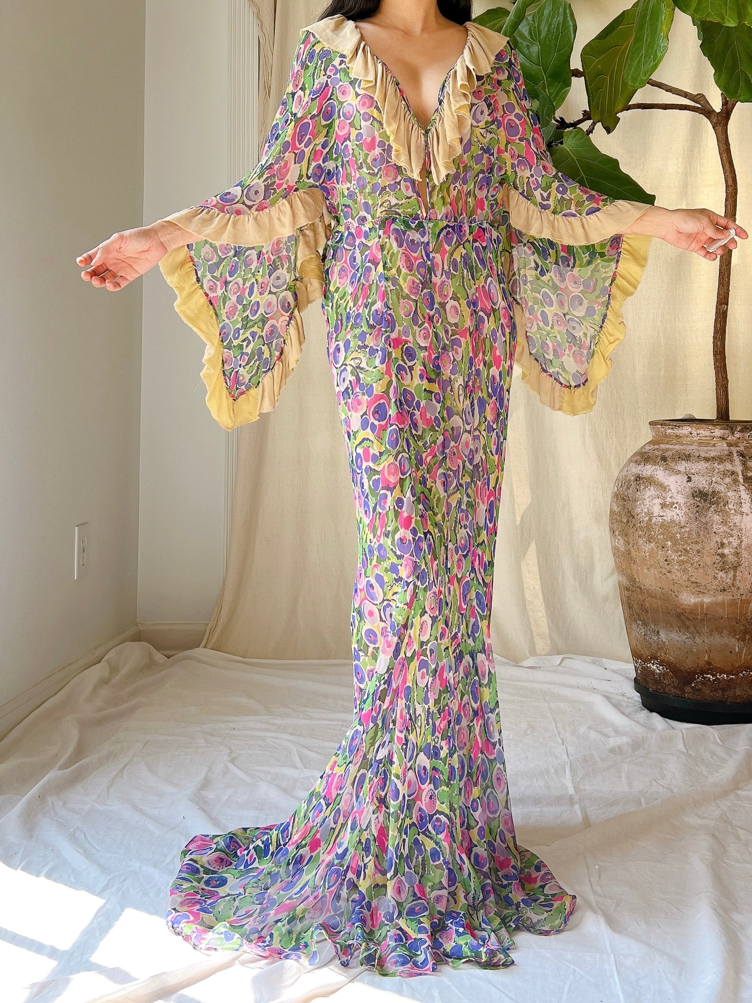 Rare 1930s Silk Chiffon Cape Sleeves Gown - S/M