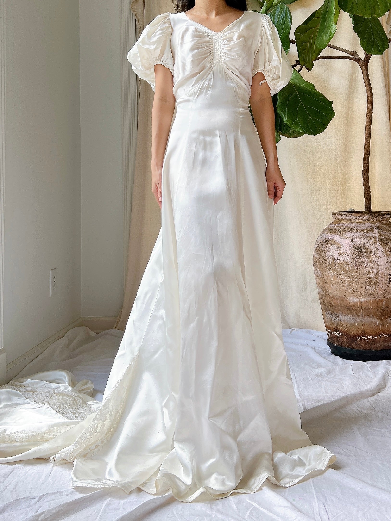 1940s satin wedding dress Vintage 1940s Satin Long Sleeved Wedding Dress With Illusion Neckline
