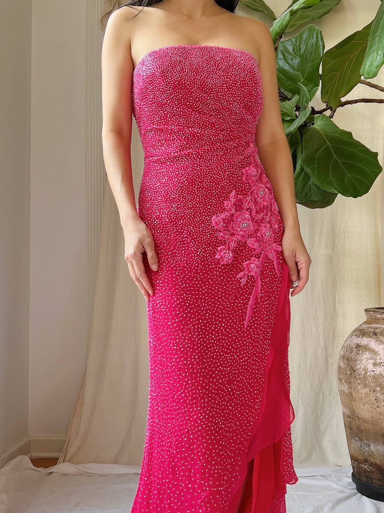 1990s Silk Strapless Beaded Gown - S