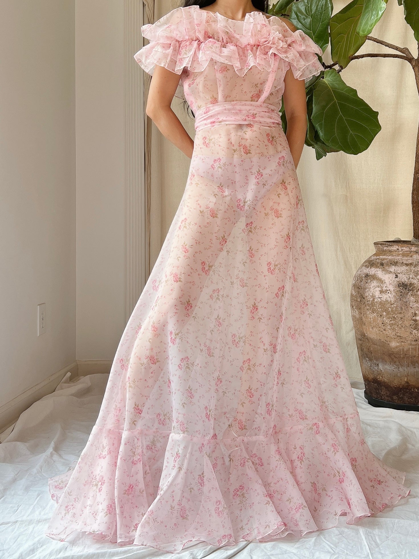 Vintage Floral Print Elastic Off-the-Shoulder Dress - XS/S