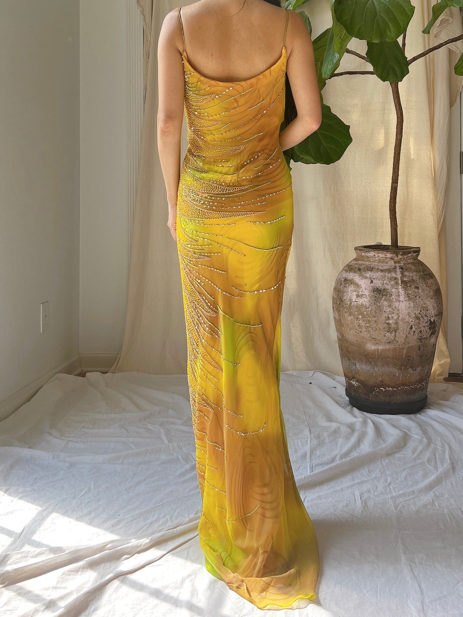 Y2K Silk Chiffon Beaded Gown - L