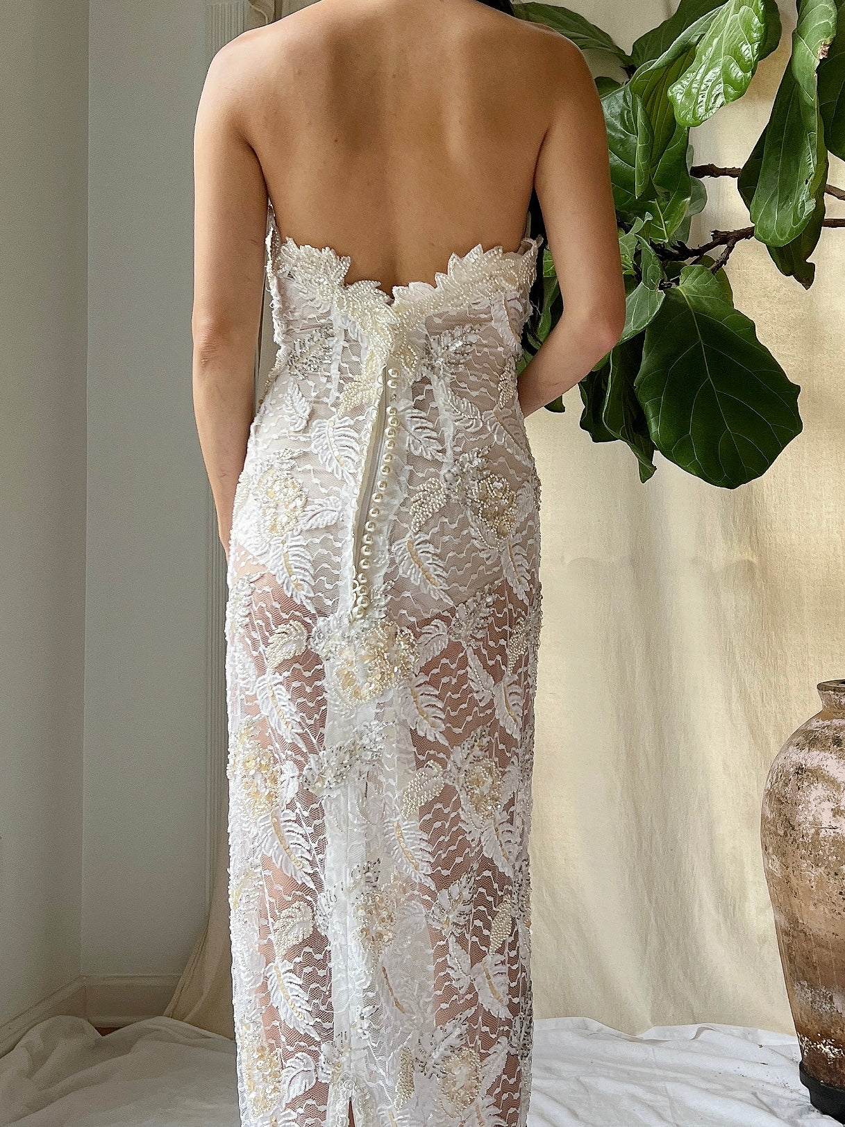 Vintage Strapless Beaded Lace Gown - M