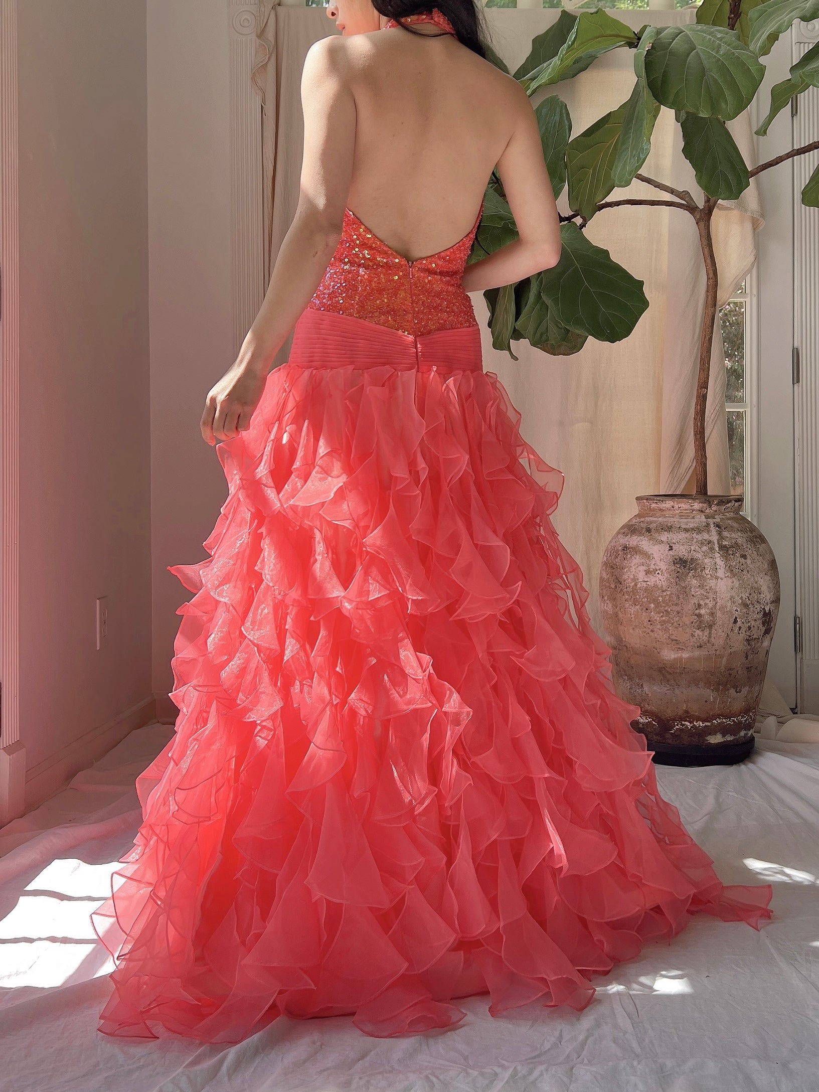 Vintage Coral Sequins Ruffle Skirt Gown - S