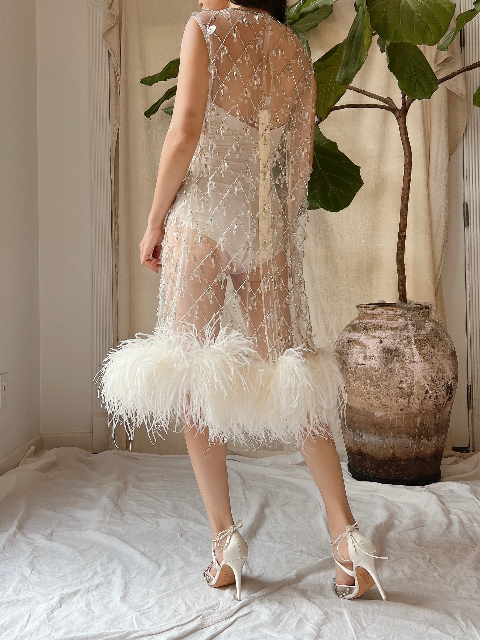 1960s Sheer Tulle Beaded Feather Dress - M