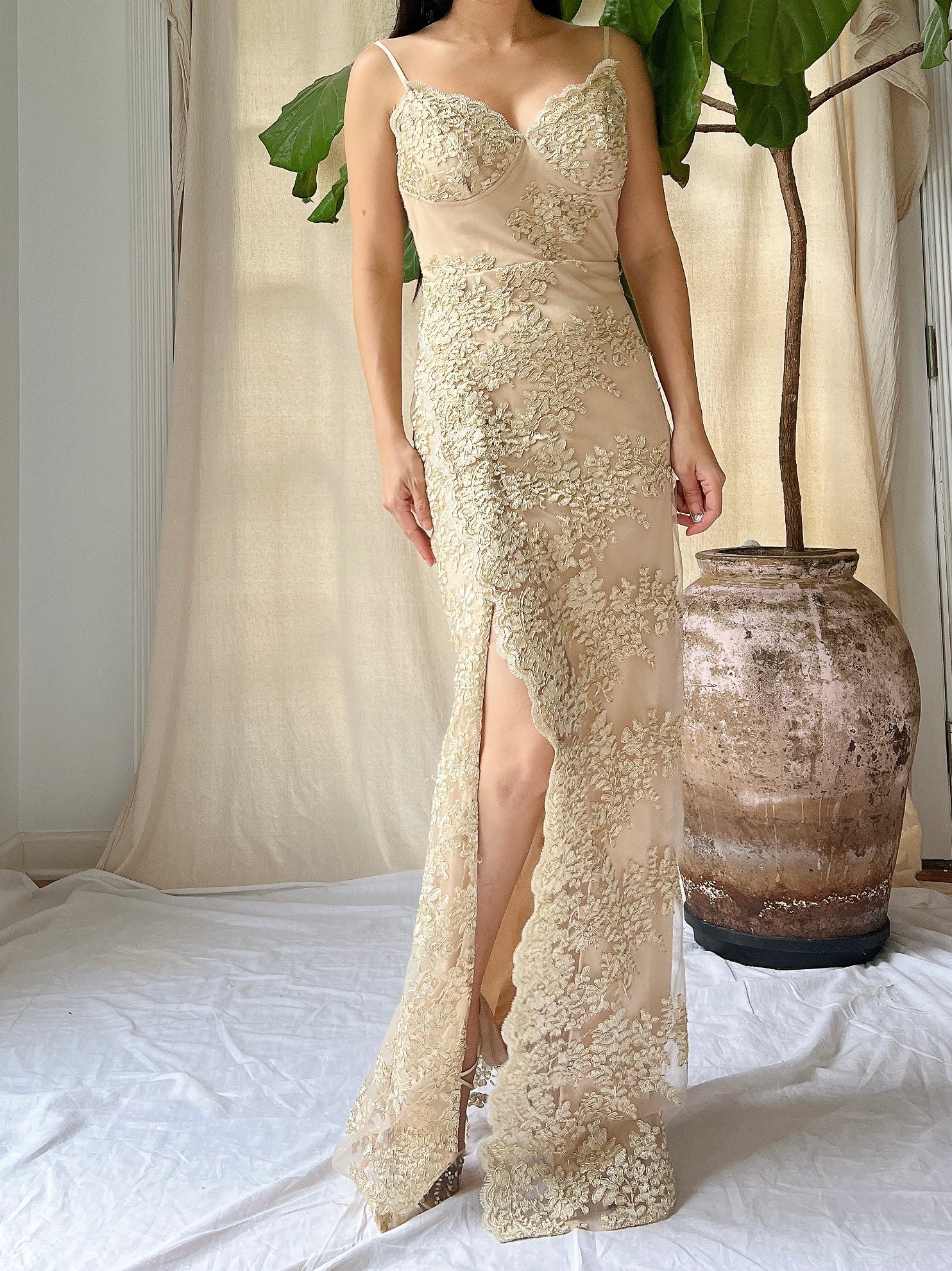 Y2K Gold Lace Gown - S