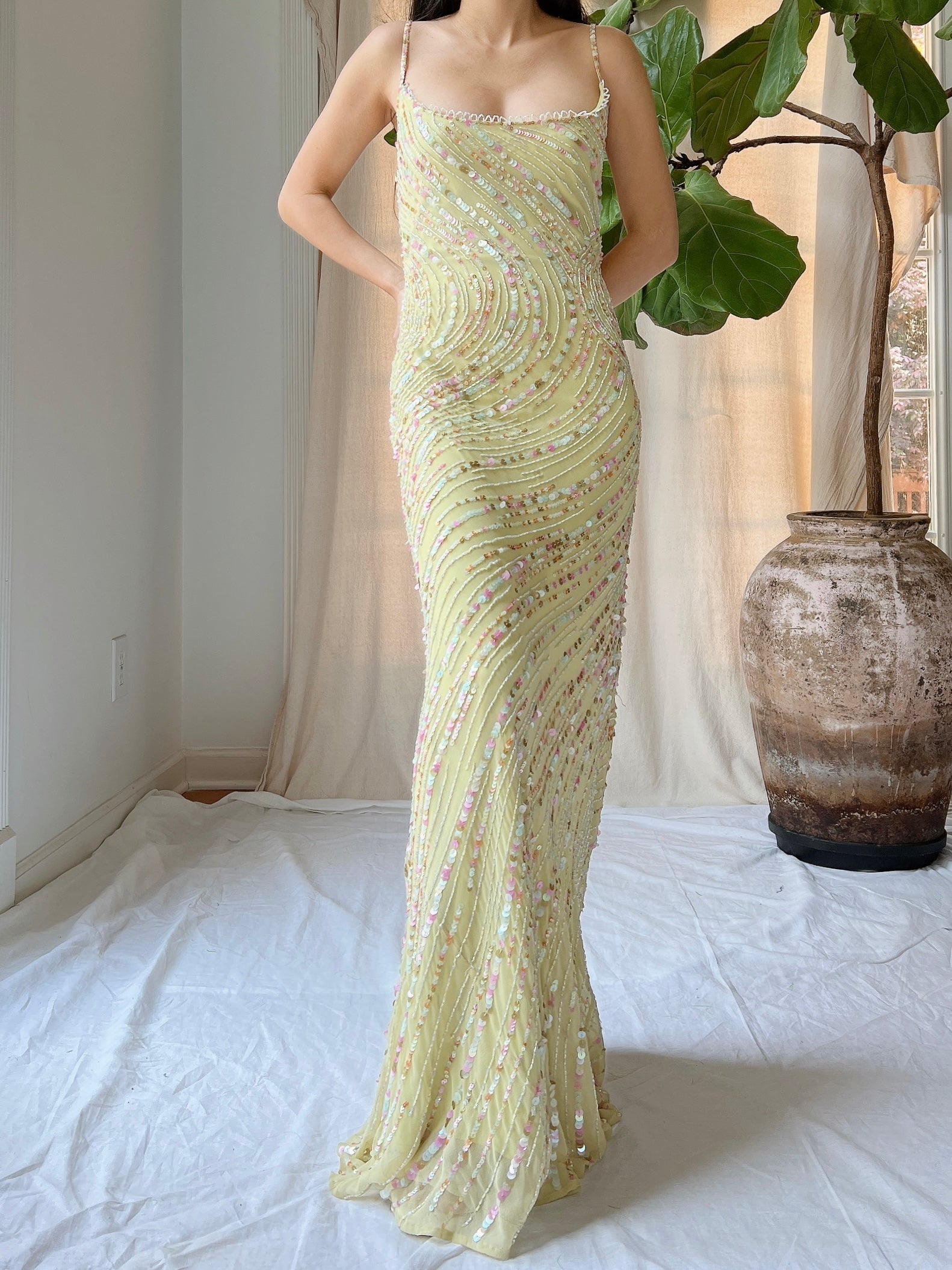 Vintage Chartreuse Silk Beaded Gown - M/L