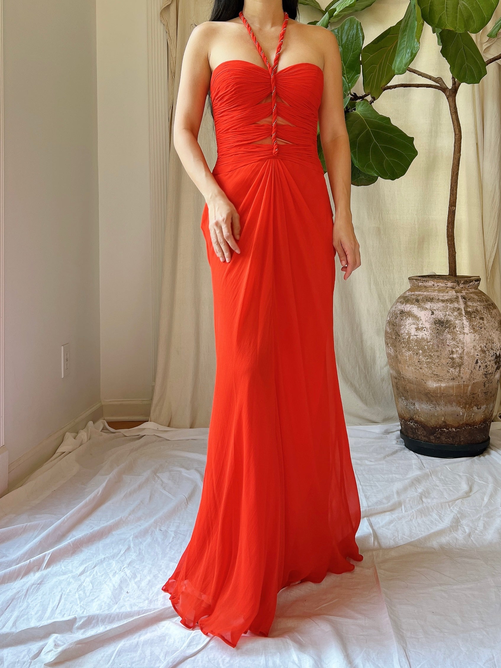 Vintage Silk Coral Cutout Bodice Gown - XS