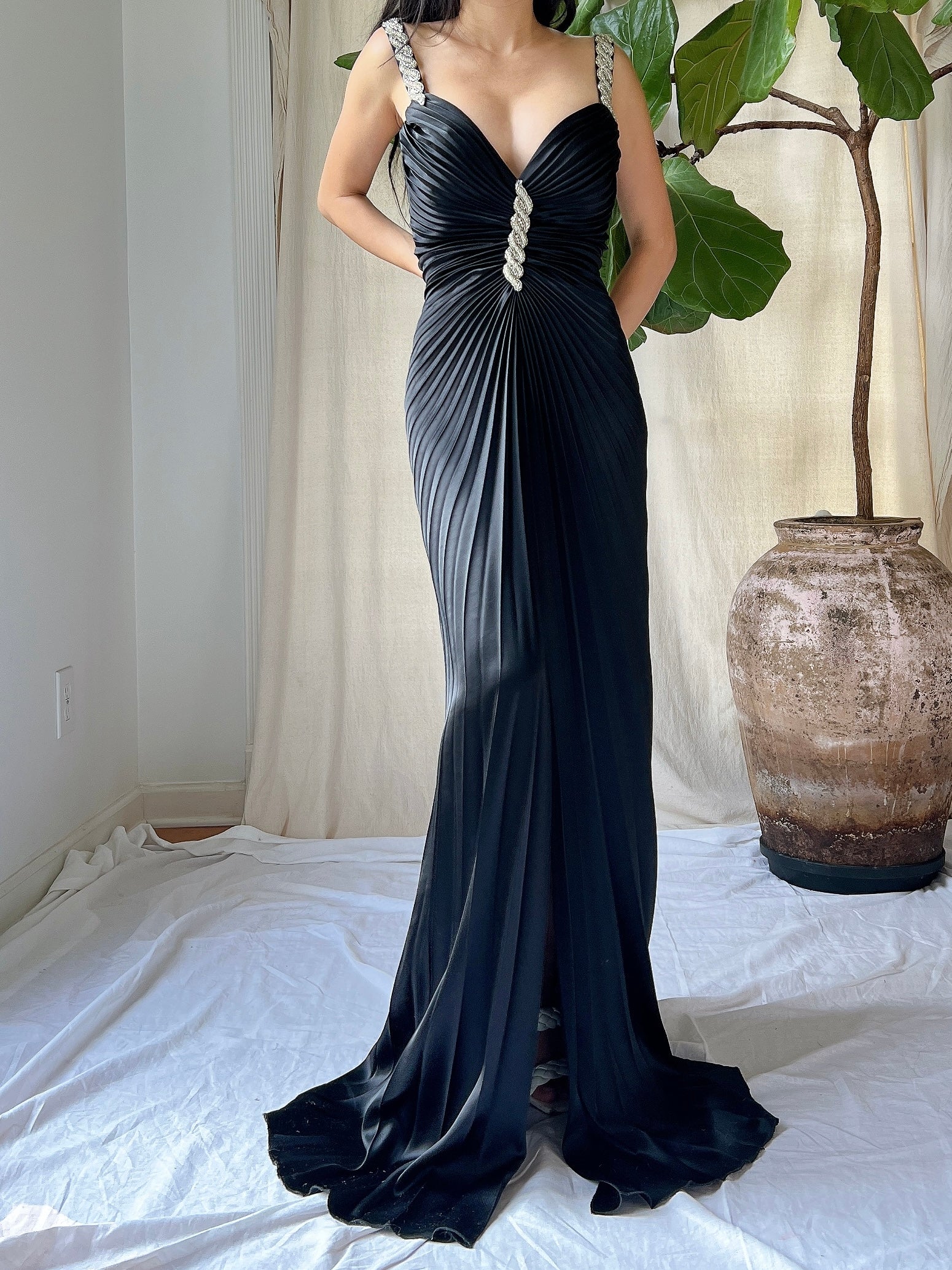 Vintage Black Satin Pleated Dress - S