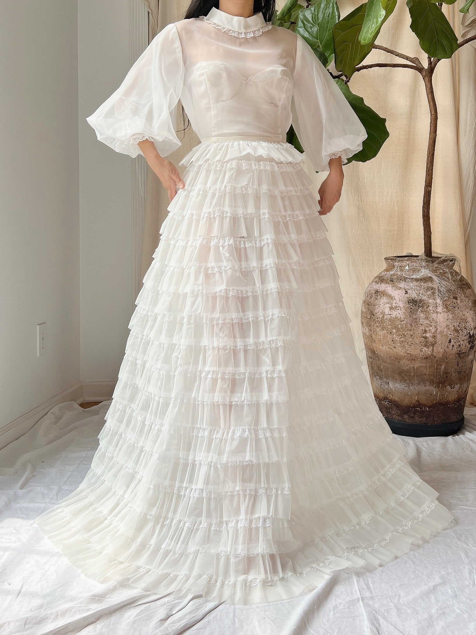 1960s Sheer Puff Sleeves Tiered Gown - S | G O S S A M E R 1960s Sheer Puff Sleeves Tiered Gown - S | G O S S A M E R