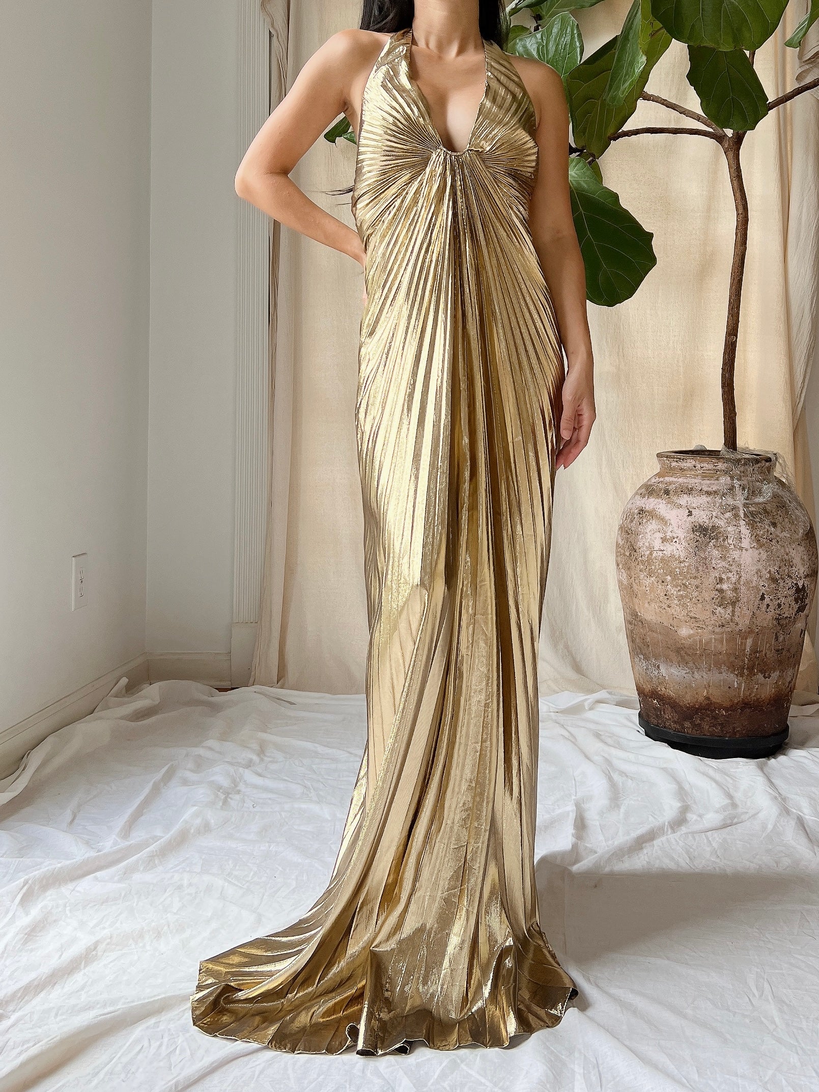 Vintage Gold Pleated Halter Gown - S