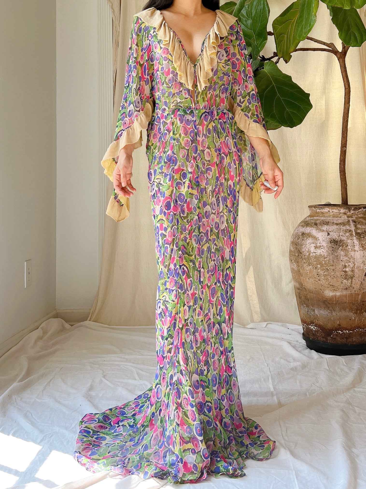 Rare 1930s Silk Chiffon Cape Sleeves Gown - S/M