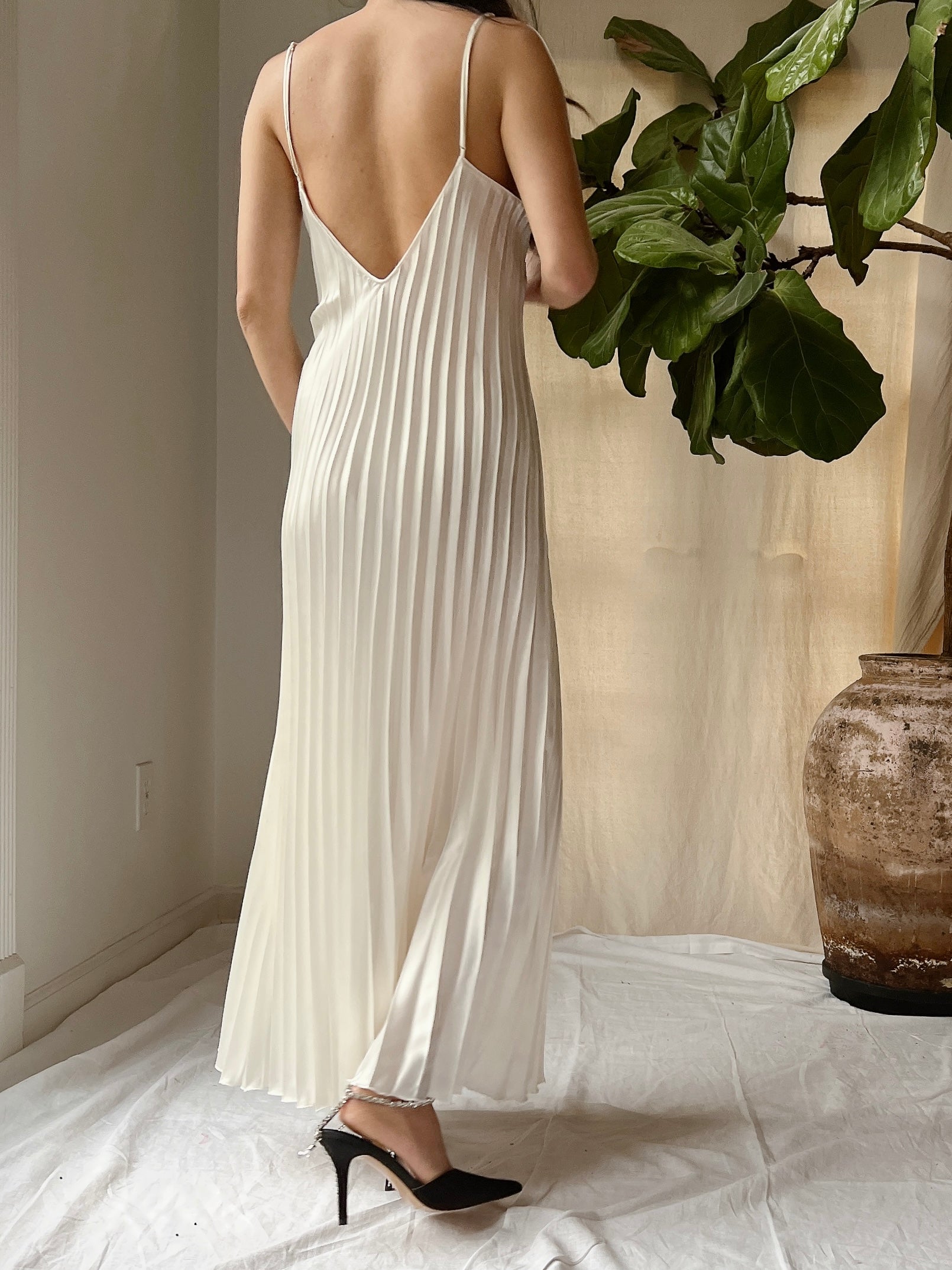 1980s Ivory Pleated Satin Dress - M/L 1980s Ivory Pleated Satin Dress - M/L