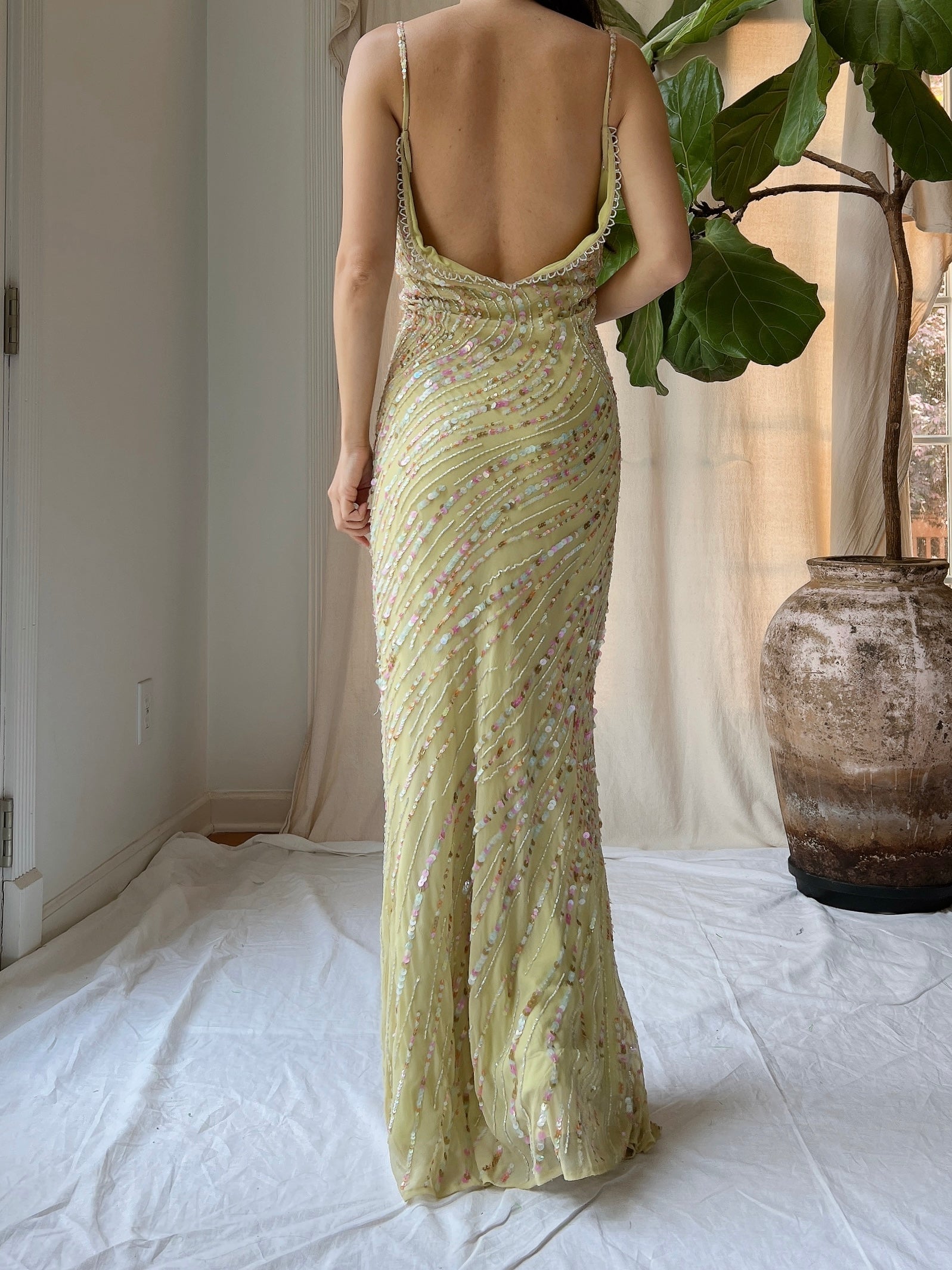 Vintage Chartreuse Silk Beaded Gown - M/L