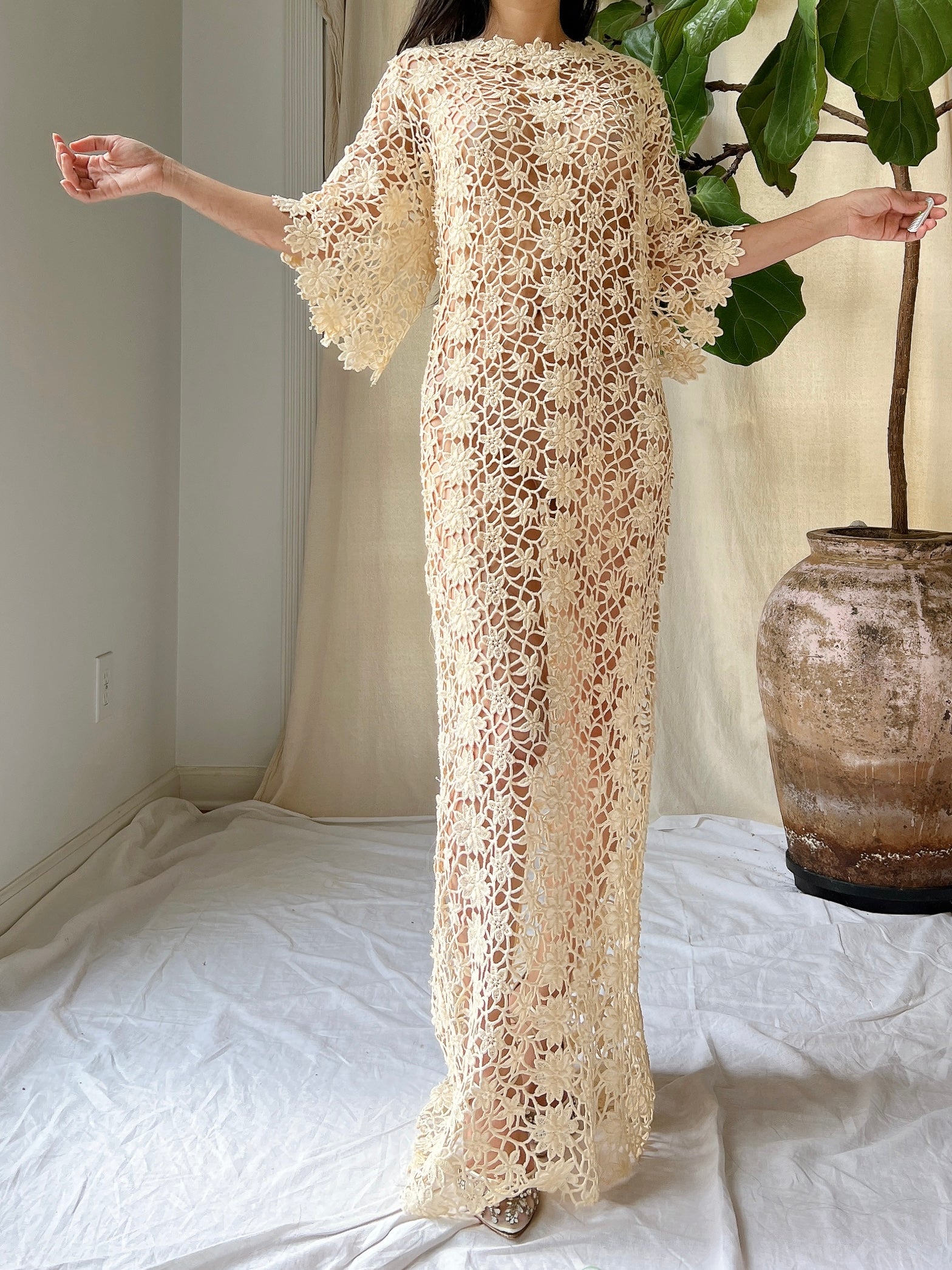 sheer crochet dress TULLE CROCHET BEADED SHEER MAXI DRESS
