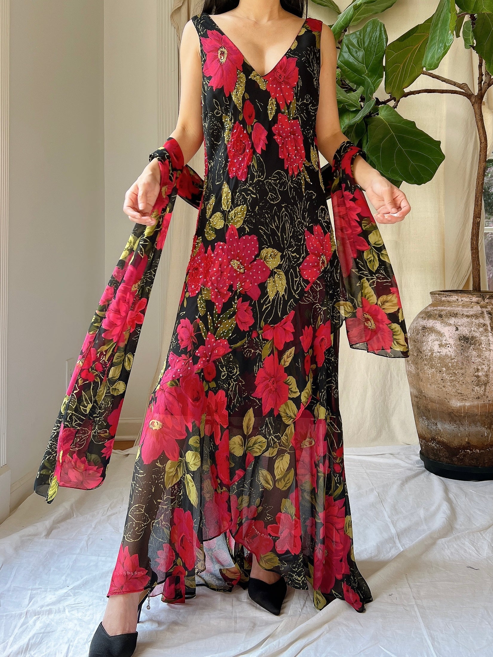 1980s Silk Chiffon Floral Dress - M