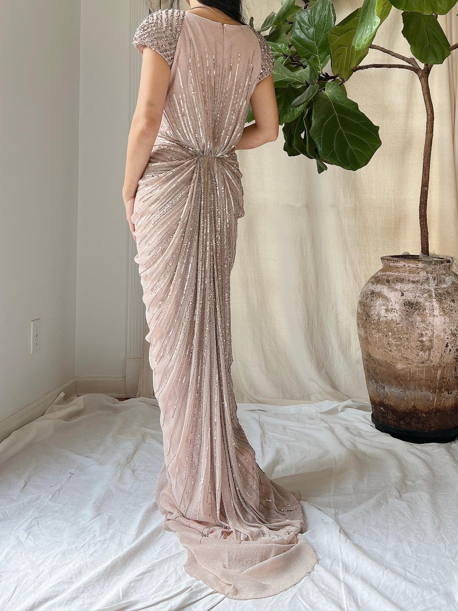 alberto makali pink dress Alberto Makali Off Shoulder Long Dress with Ostrich Feathers on Cuff and Crystal Trim