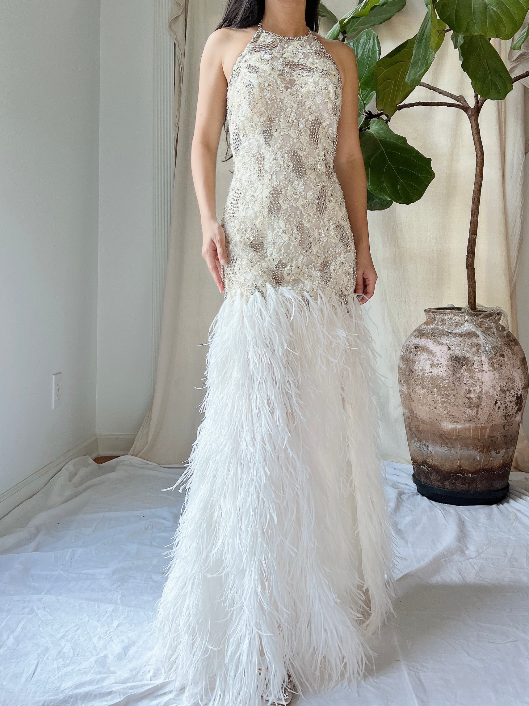 1990s Crystal Lace and Feather Gown - XS