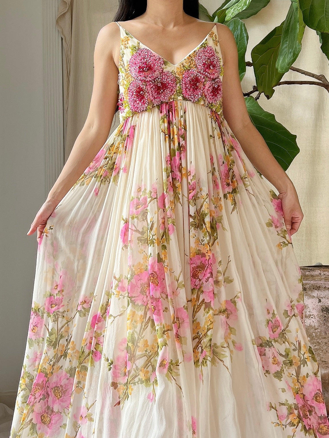 1960s Silk Floral Gown - S/M