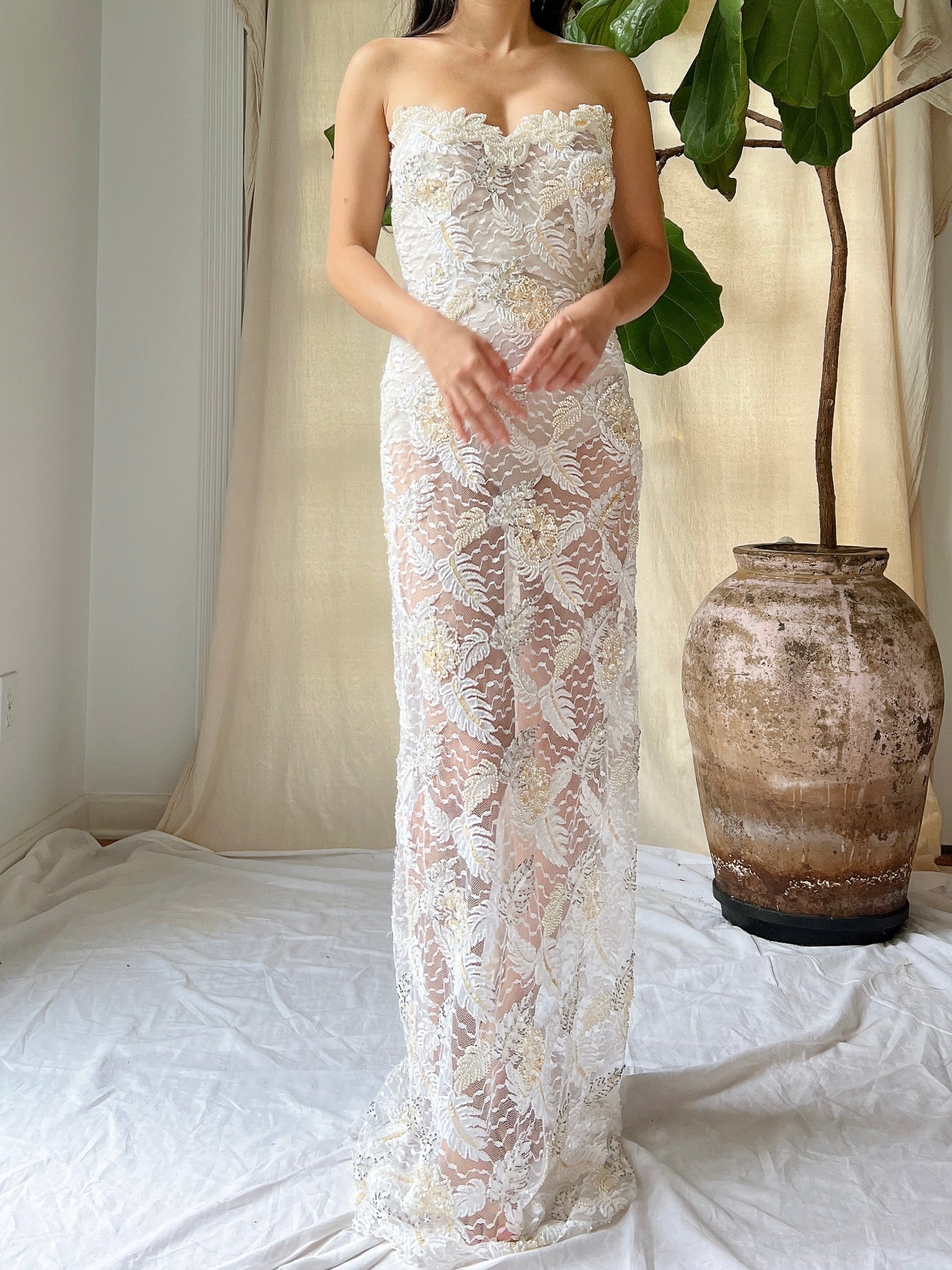 Vintage Strapless Beaded Lace Gown - M