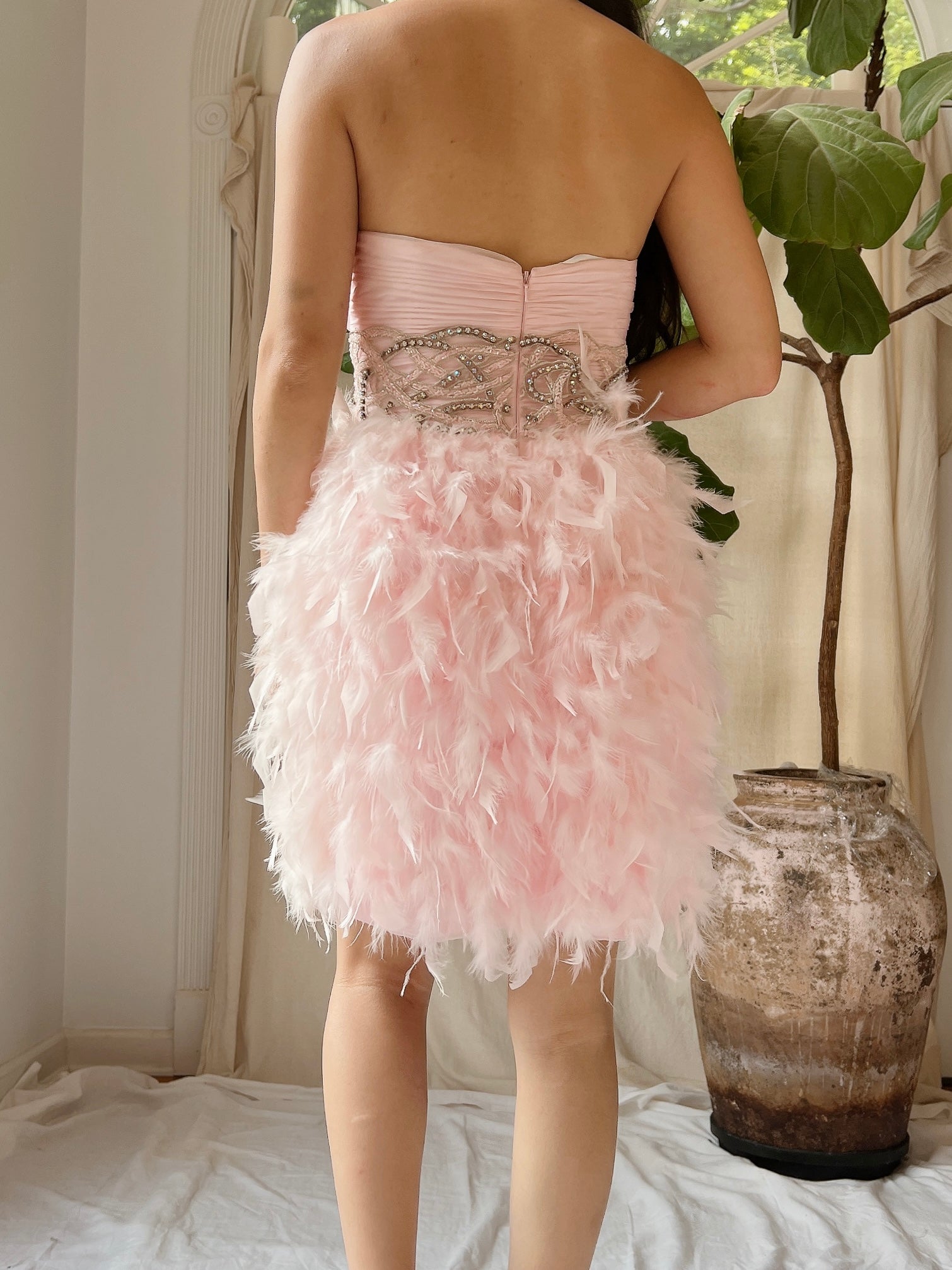 Y2K Pink Chiffon Feathered Dress - XS/2