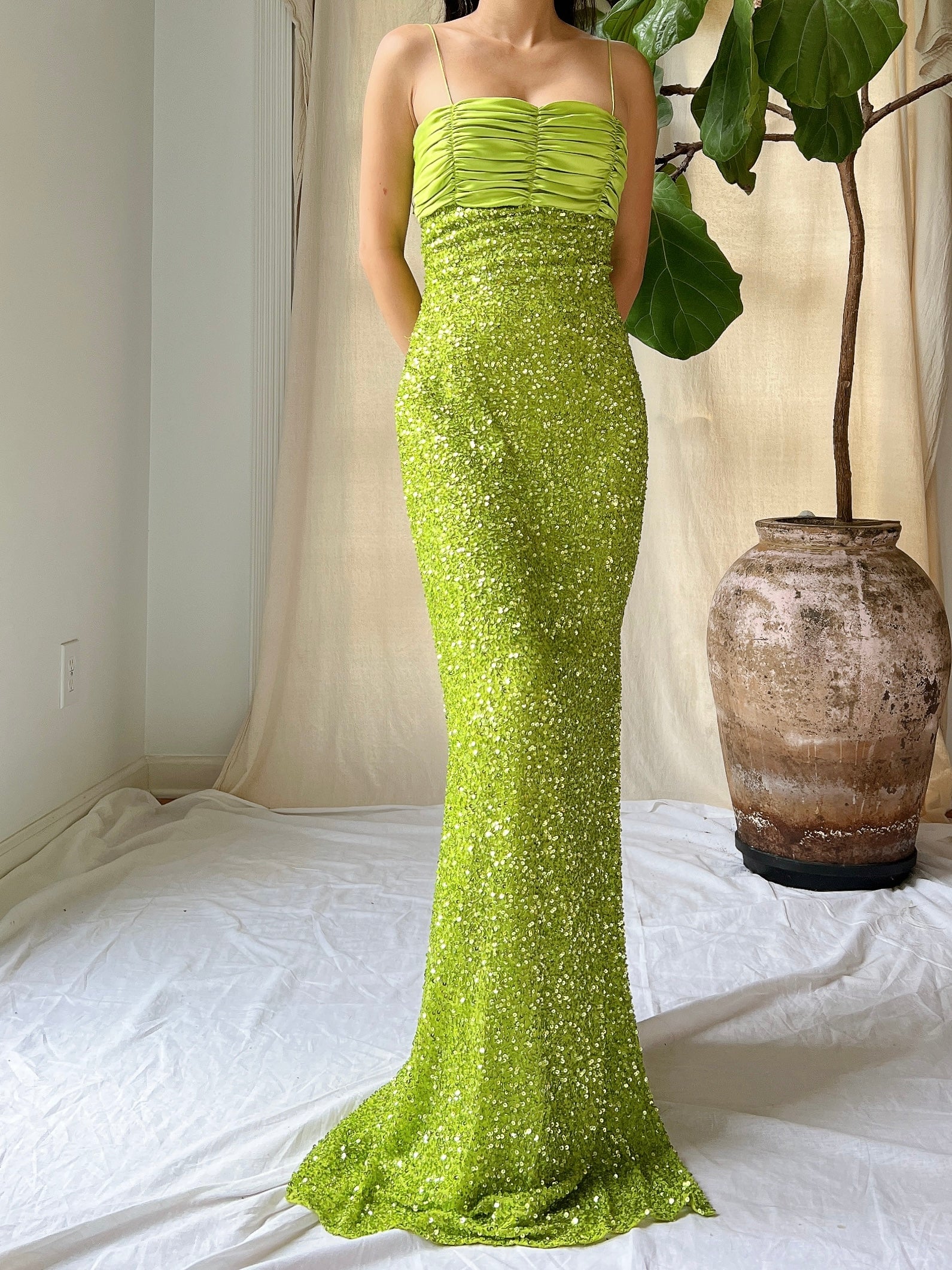 1990s Lime Green Sequins Gown - XS | G O S S A M E R 1990s Lime Green Sequins Gown - XS | G O S S A M E R