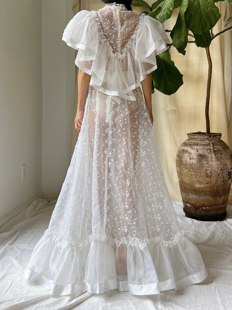 Vintage Ruffle Sheer Embroidered Dress - S