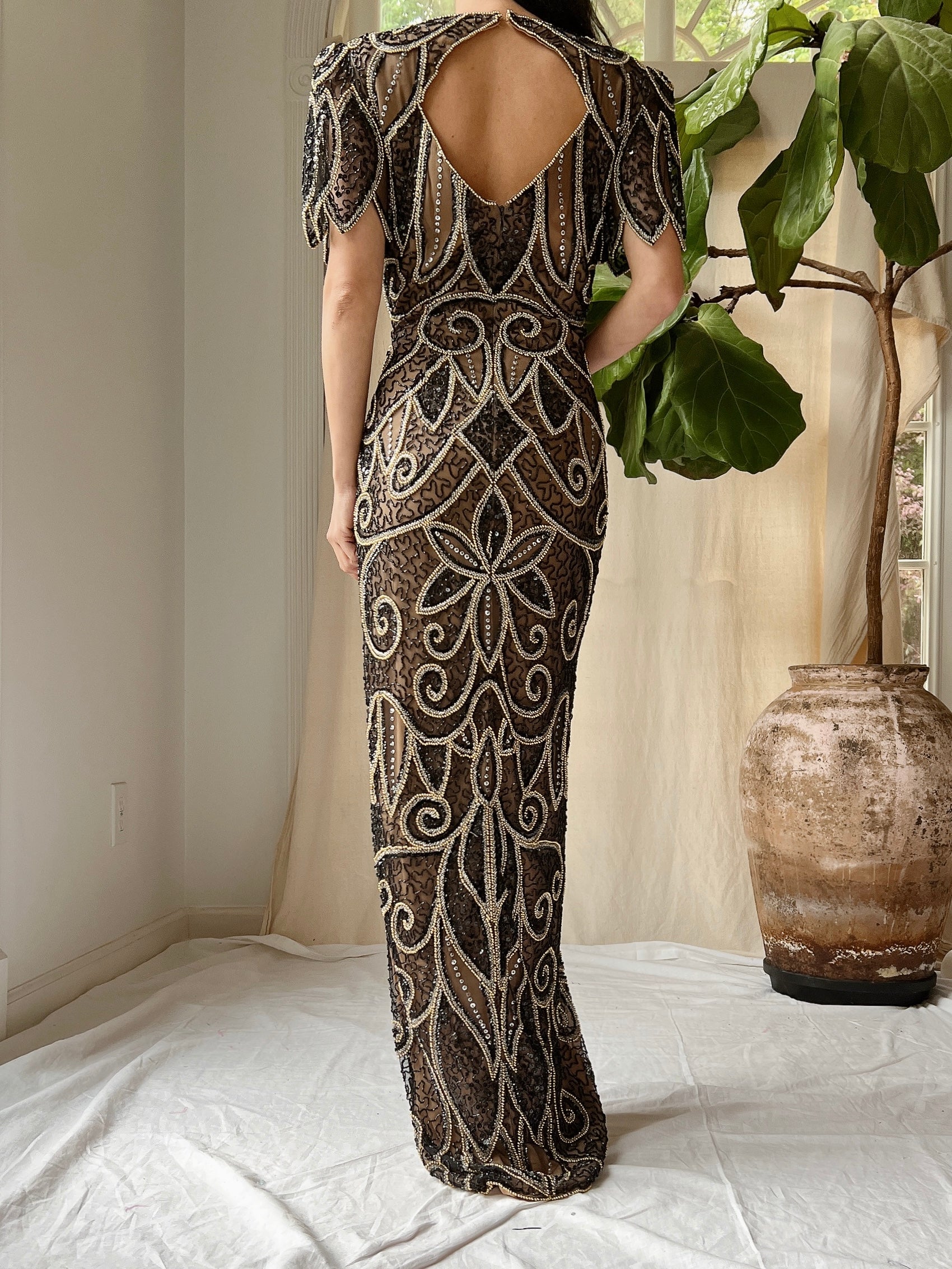 Vintage Silk Nude and Black Gown - S