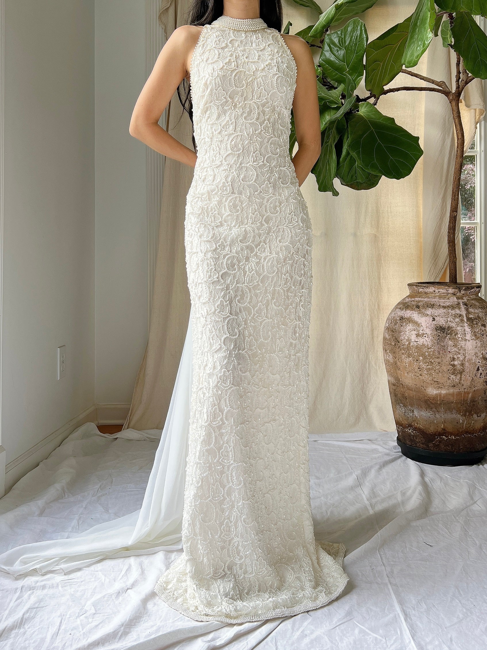 Vintage Lace Pearl Beaded Halter Dress - M | G O S S A M E R Vintage Lace Pearl Beaded Halter Dress - M | G O S S A M E R