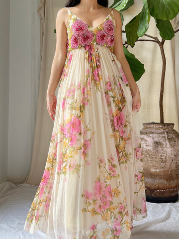 1960s Silk Floral Gown - S/M