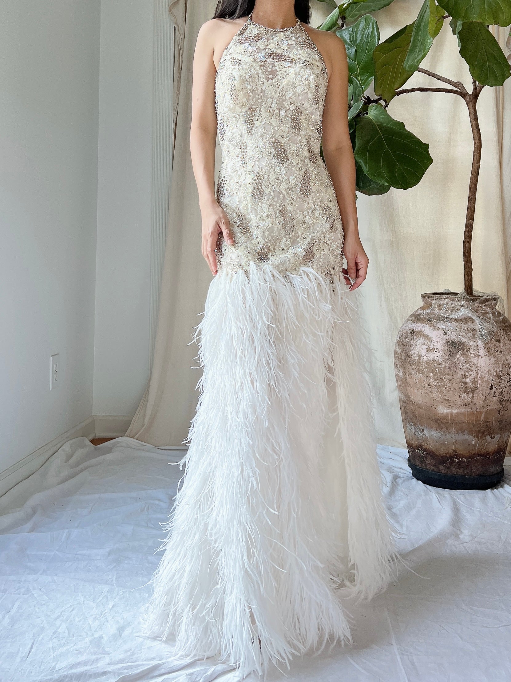 1990s Crystal Lace and Feather Gown - XS