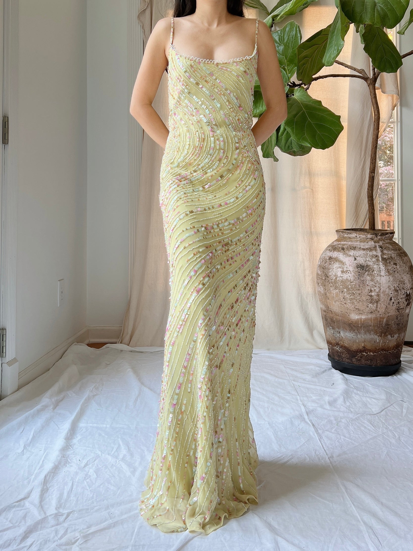 Vintage Chartreuse Silk Beaded Gown - M/L | G O S S A M E R Vintage Chartreuse Silk Beaded Gown - M/L | G O S S A M E R