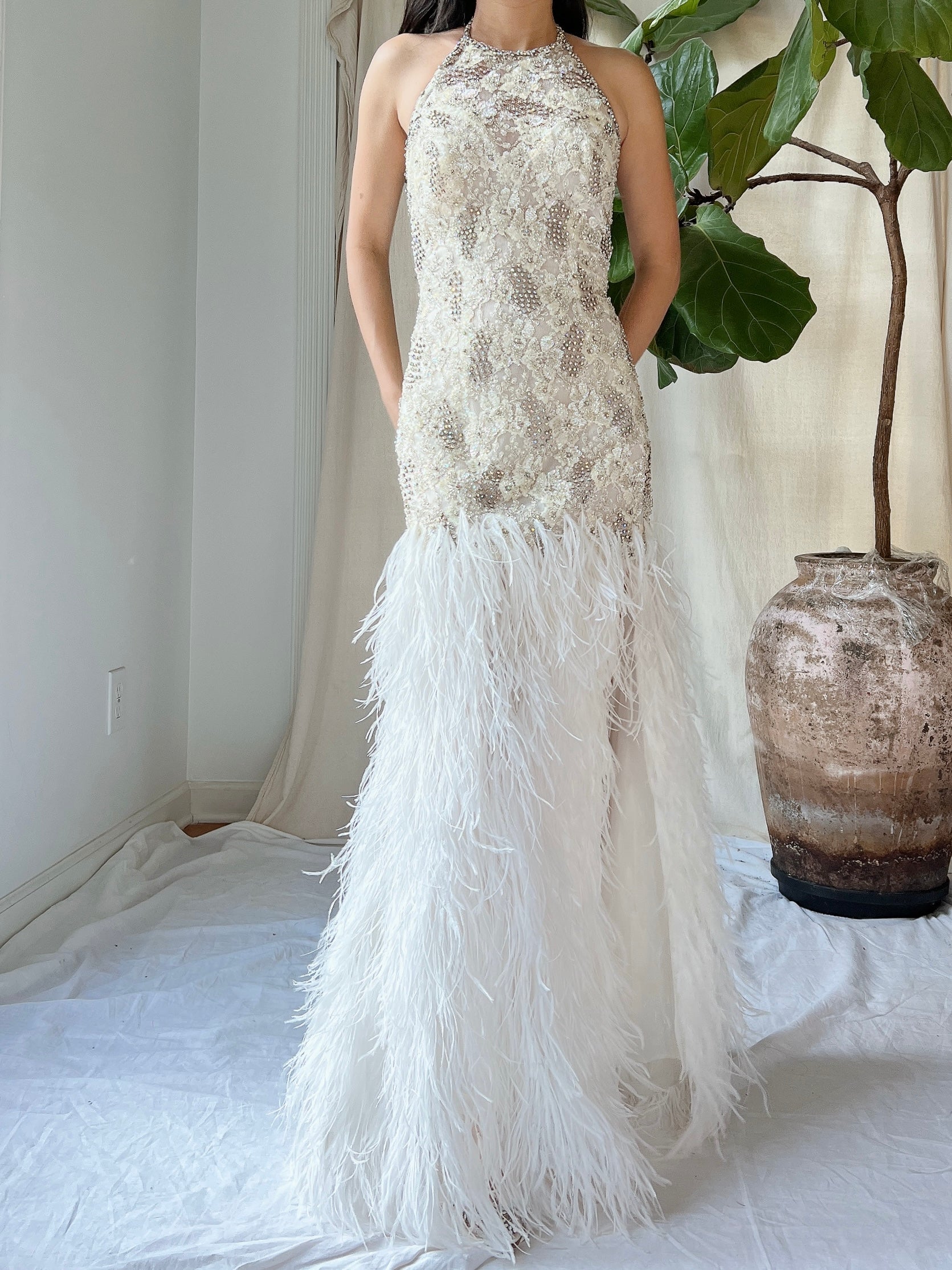 1990s Crystal Lace and Feather Gown