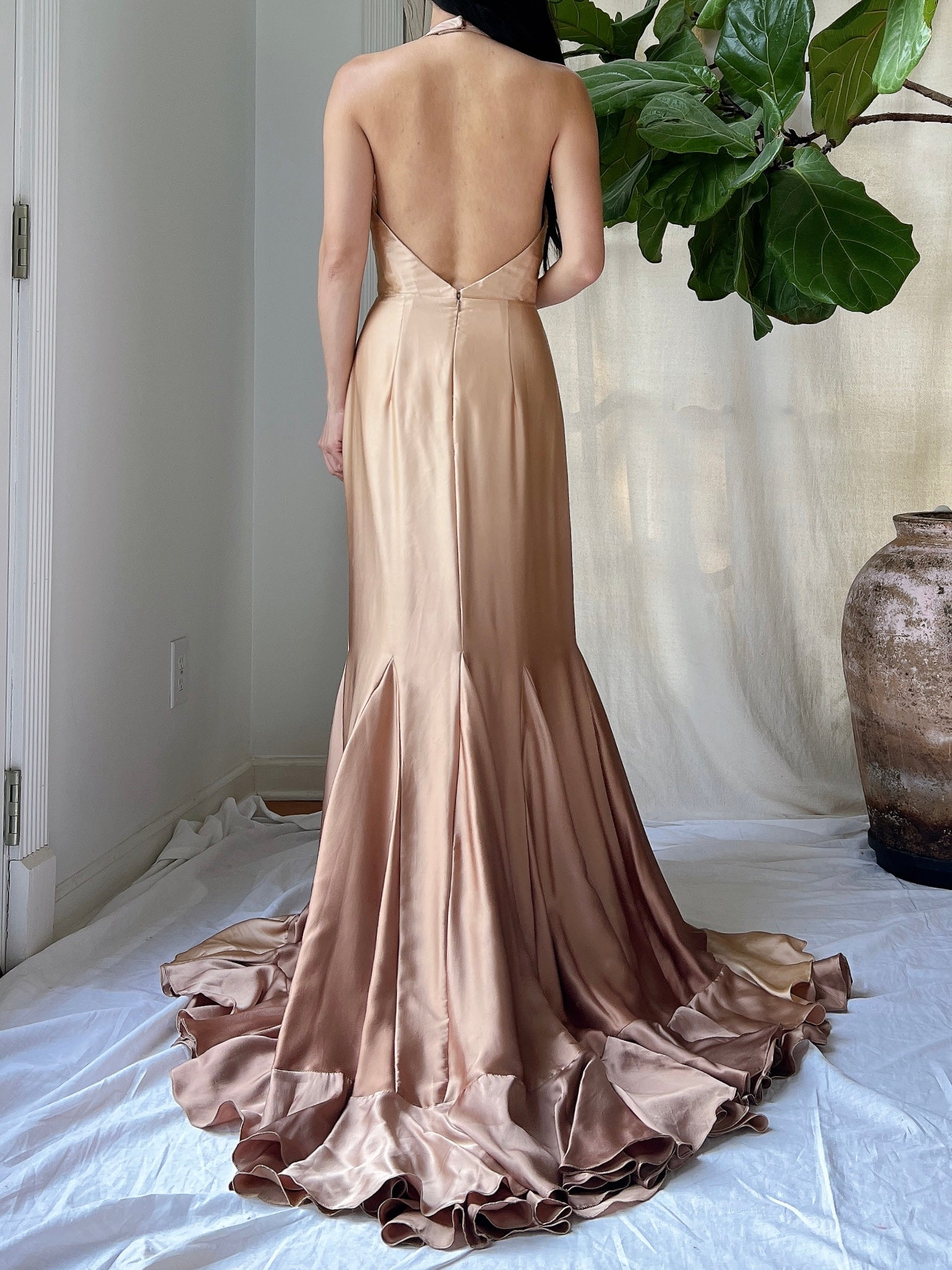 Vintage Silk Ombre Ruffle Front Gown - M