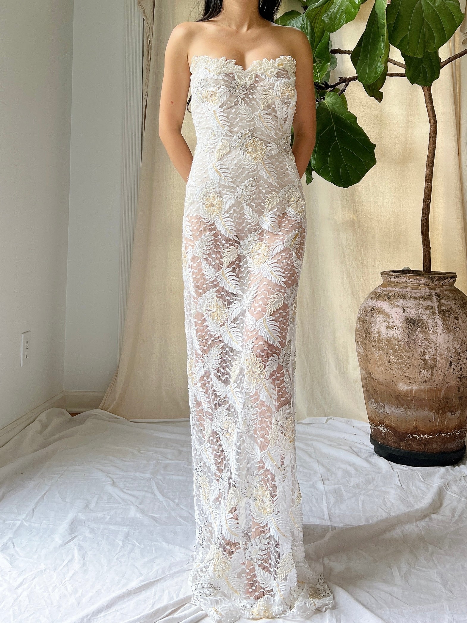 Vintage Strapless Beaded Lace Gown - M