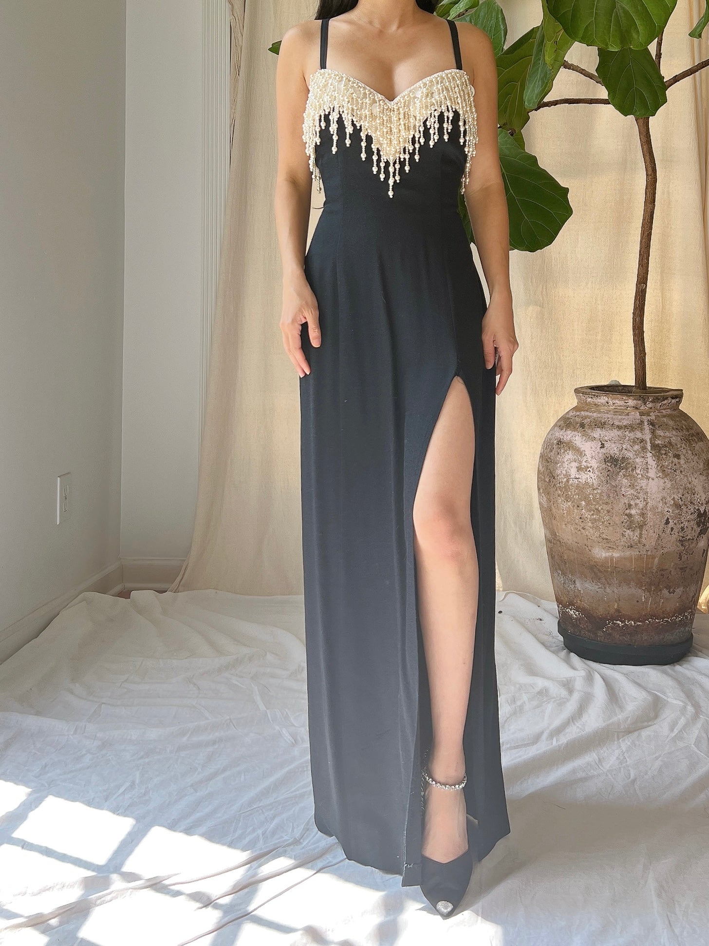 Vintage Rayon Pearl Tassel Bodice Gown - M