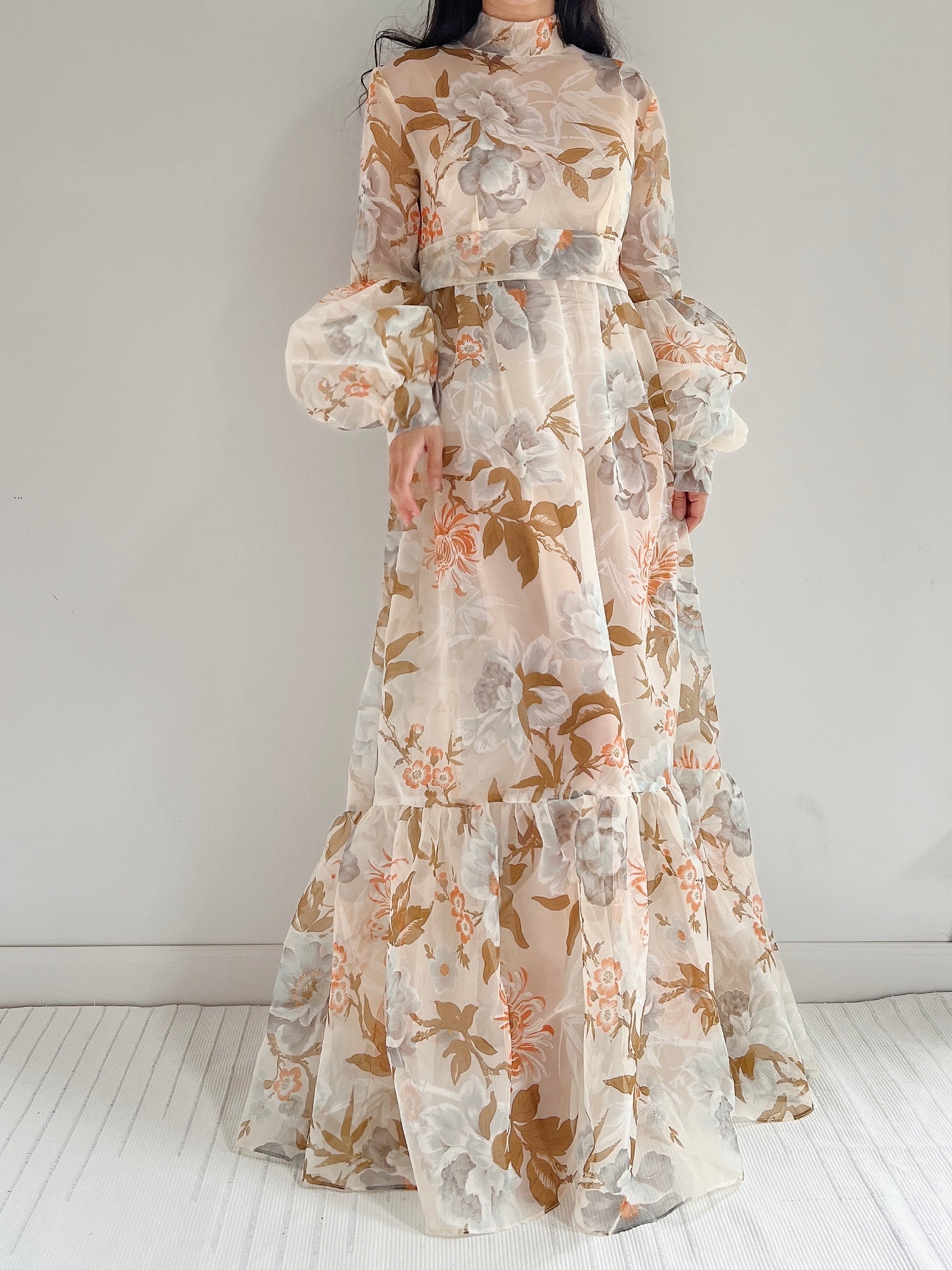 Vintage Sheer Voile Floral Gown - L