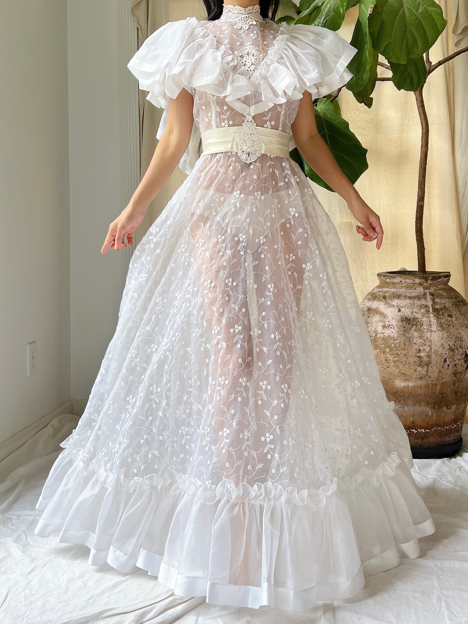 Vintage Ruffle Sheer Embroidered Dress - S