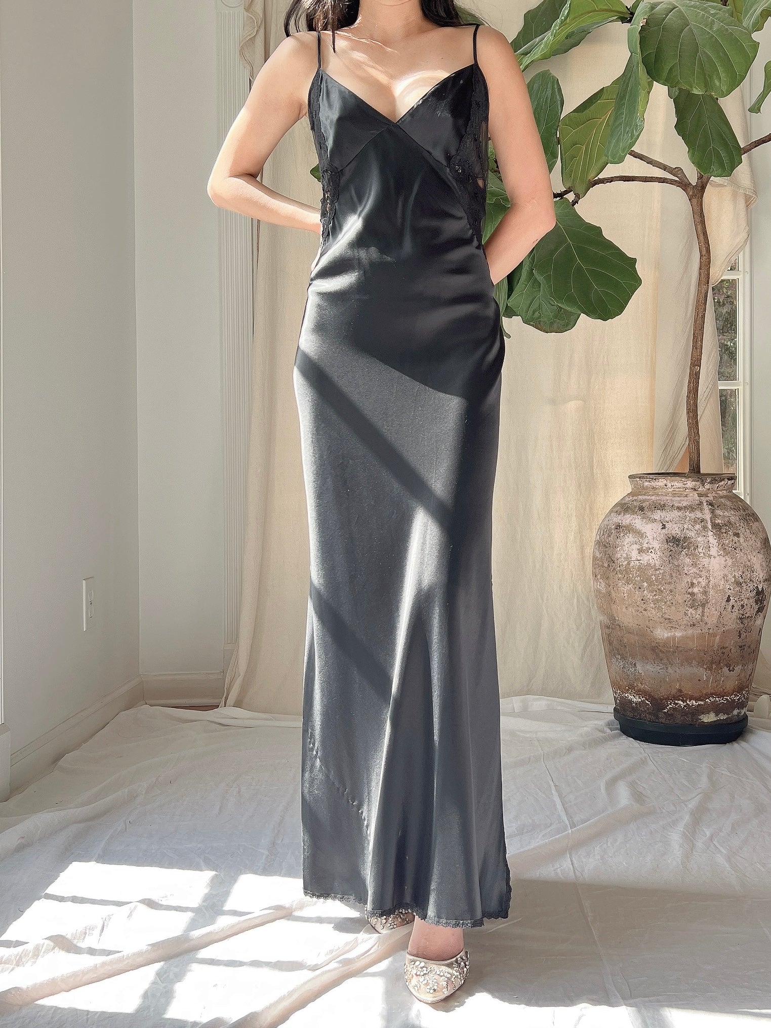 Vintage Black Satin Slip Dress - M