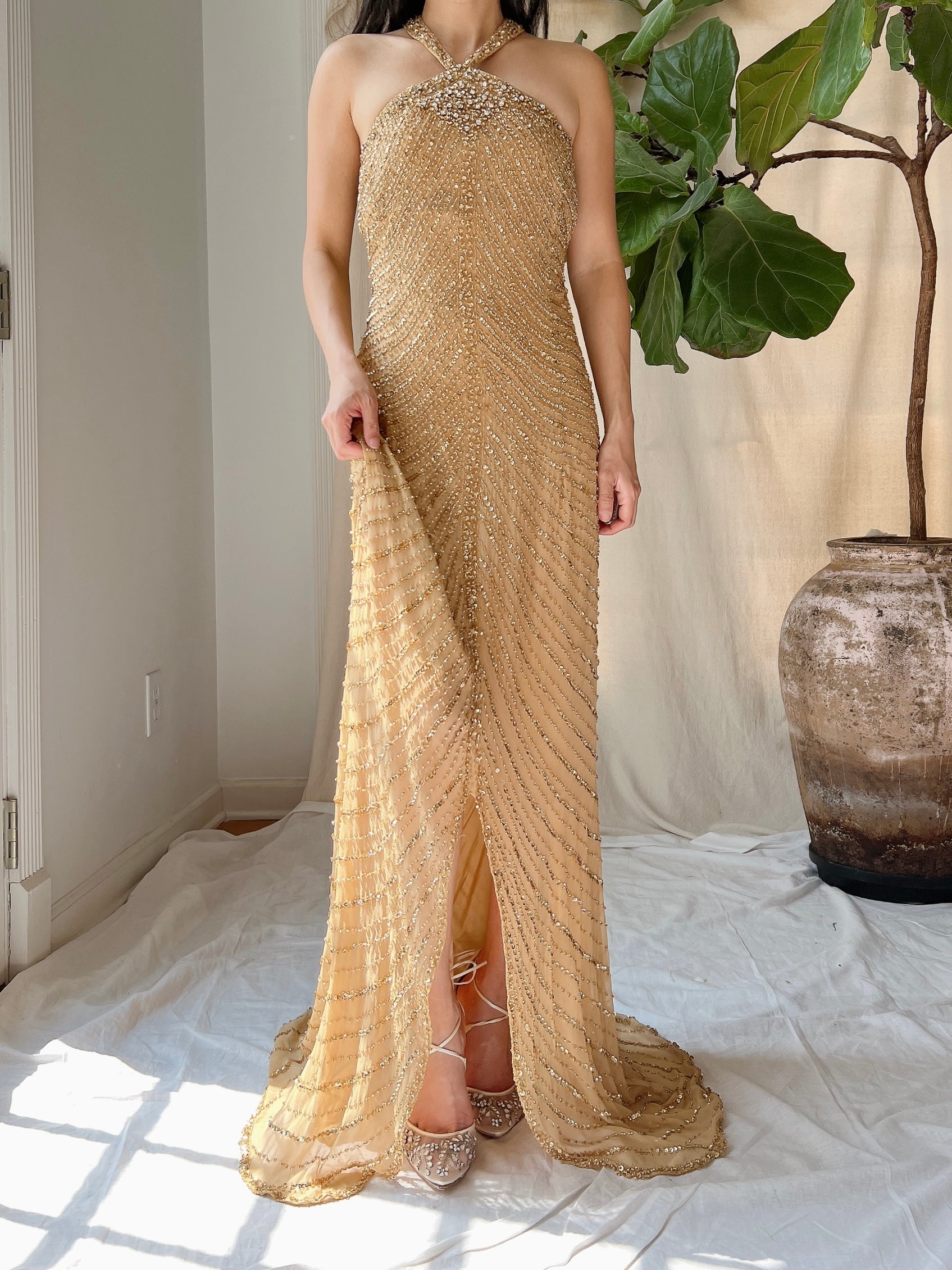 Vintage Gold Silk Beaded Halter Gown - L | G O S S A M E R Vintage Gold Silk Beaded Halter Gown - L | G O S S A M E R