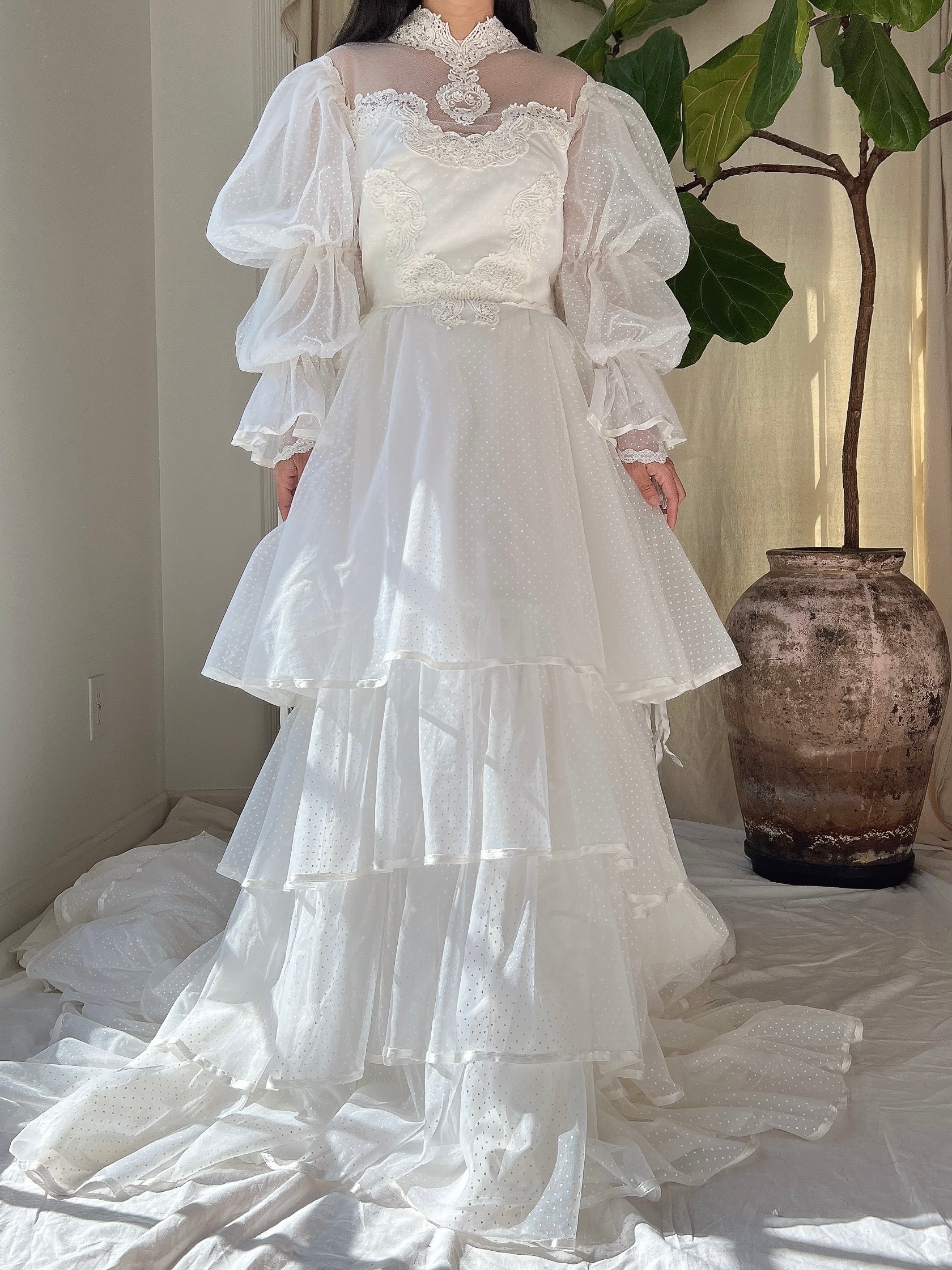 Vintage Tiered Puff Sleeves High Neck Gown - S