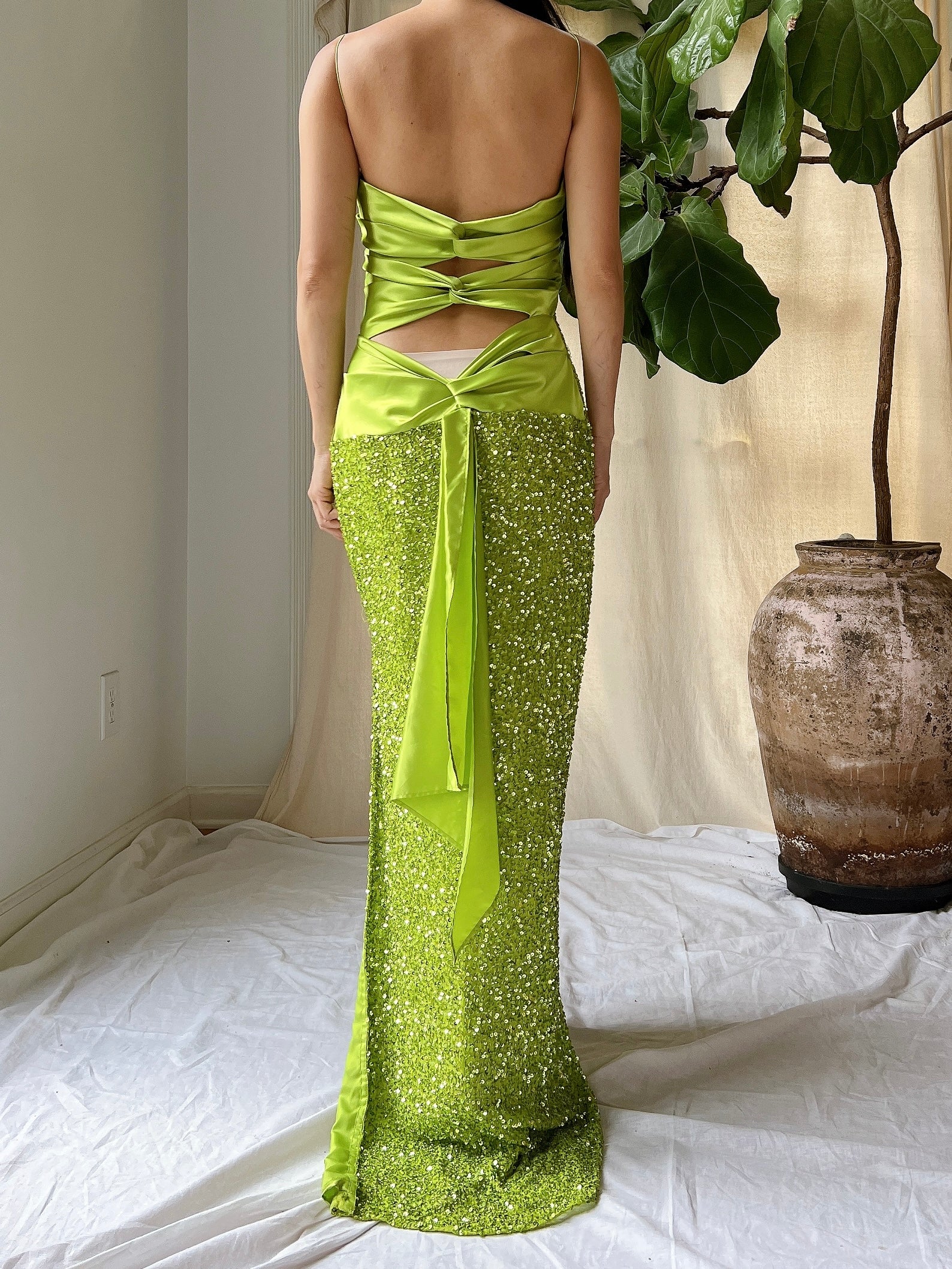 lime green sequin dress 1990s Lime Green Sequins Gown - XS