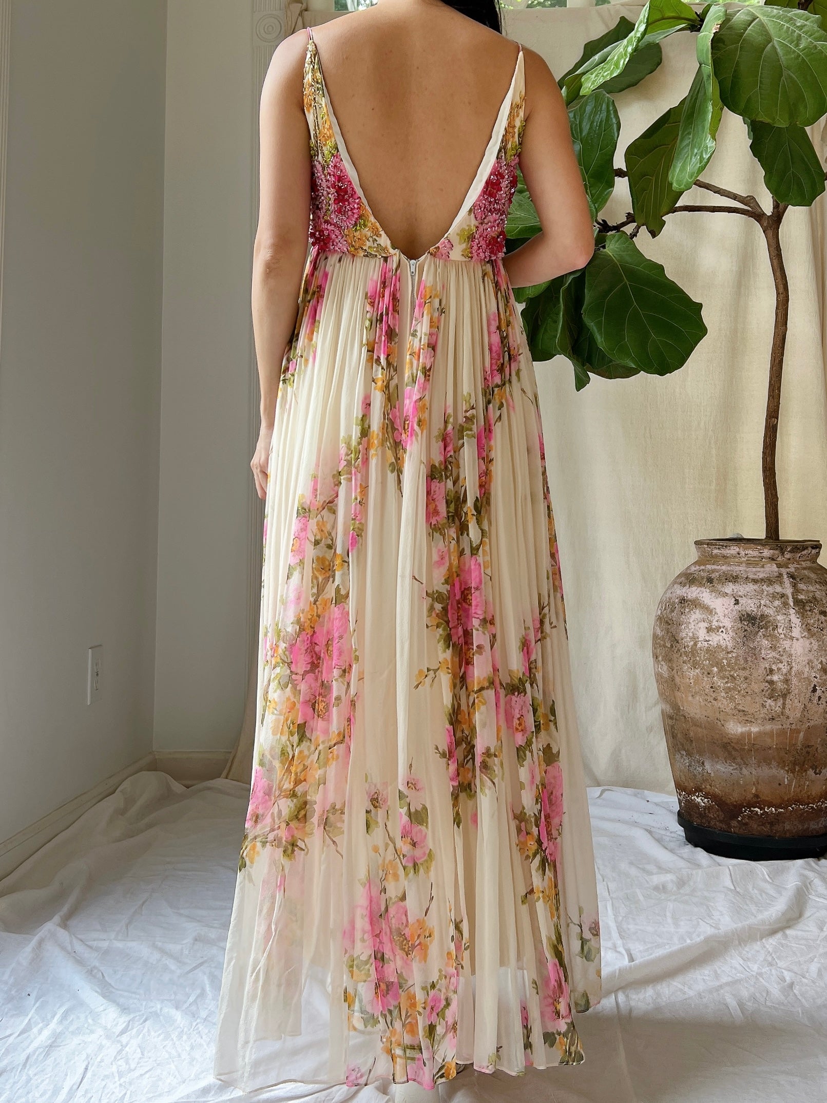 1960s Silk Floral Gown - S/M