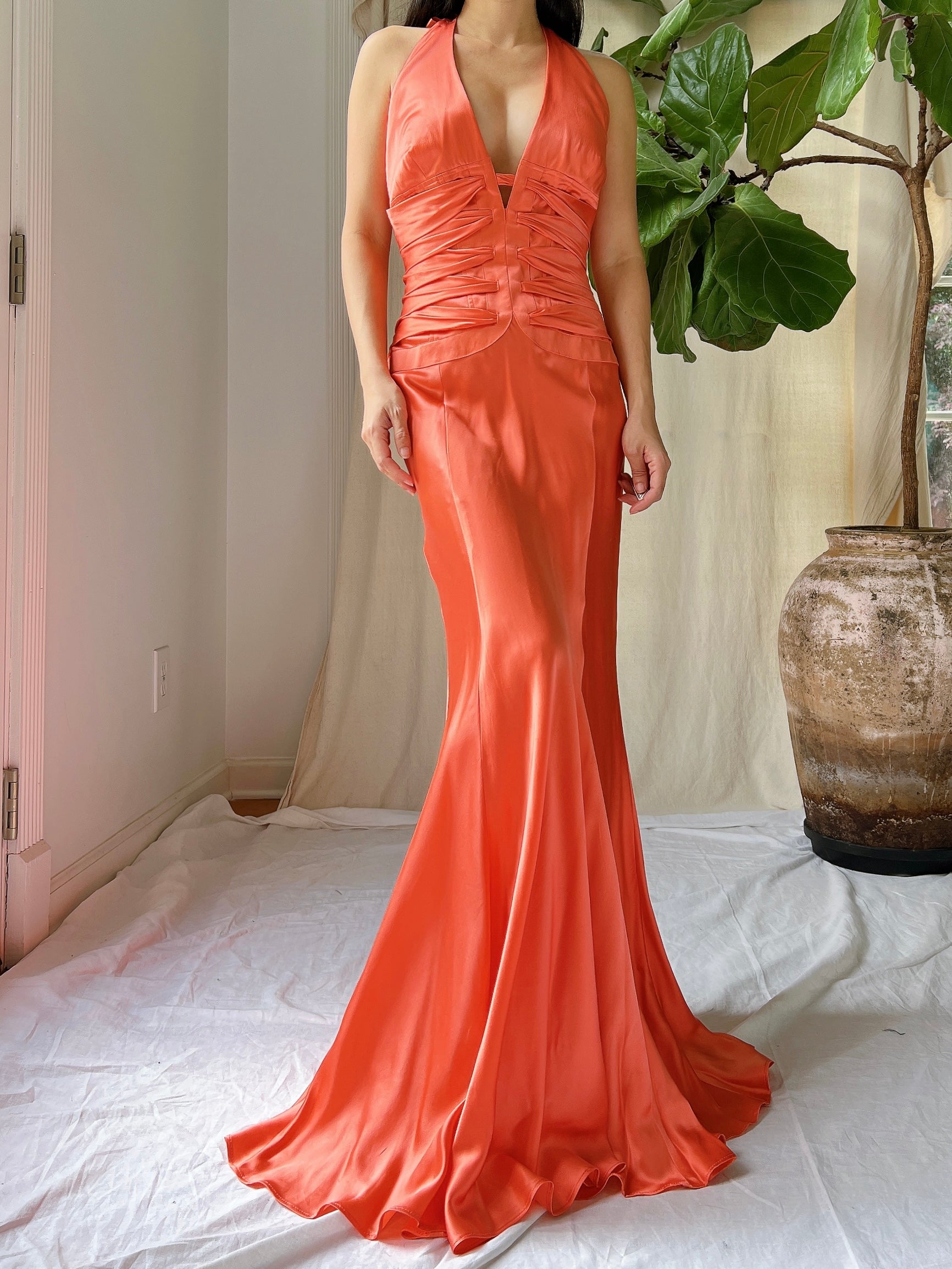 Vintage Silk Coral Plunge Gown Vintage Silk Coral Plunge Gown