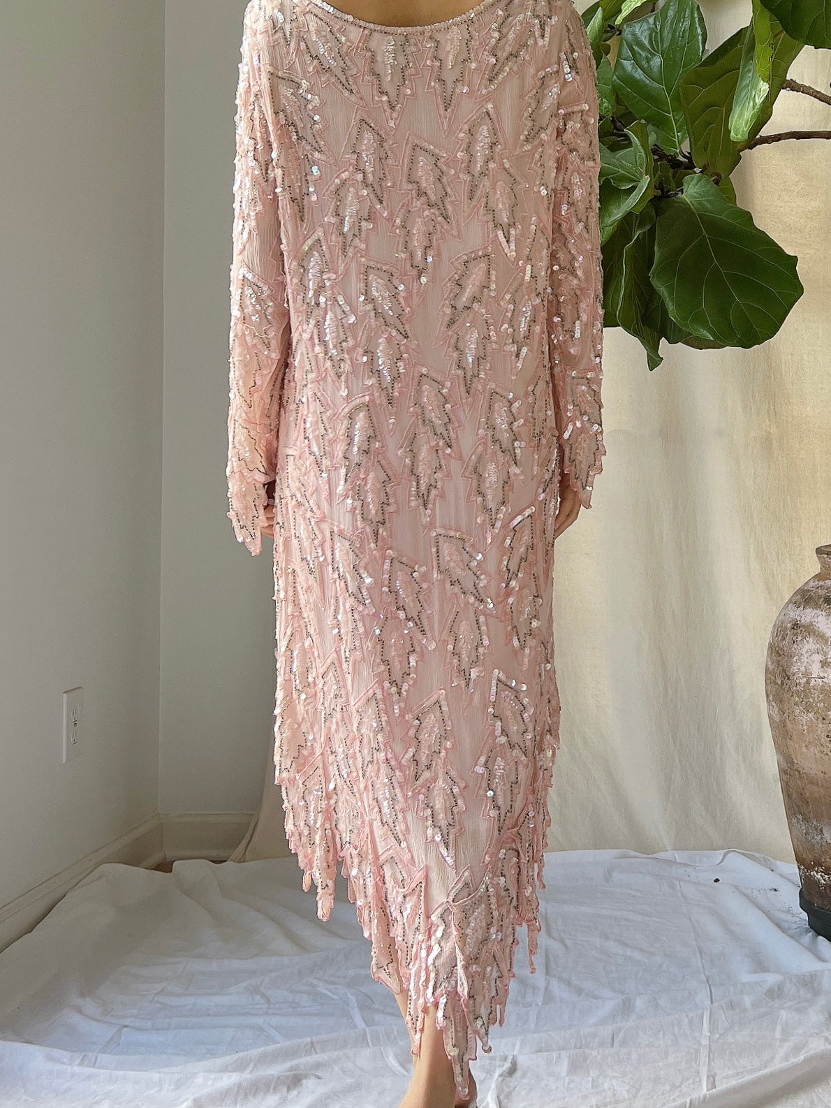 1980s Silk Pink Leaf Dress - M