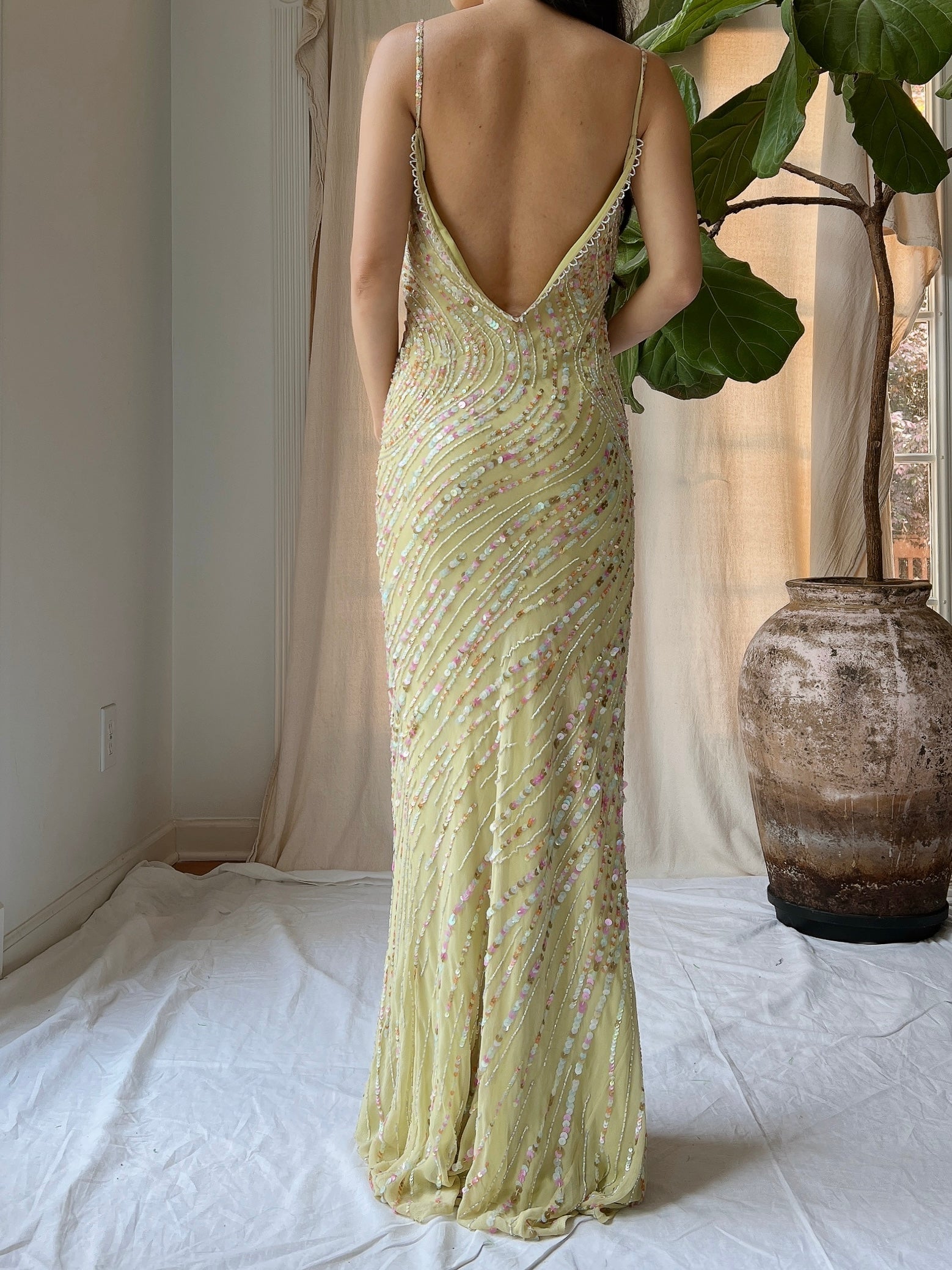 Vintage Chartreuse Silk Beaded Gown - M/L