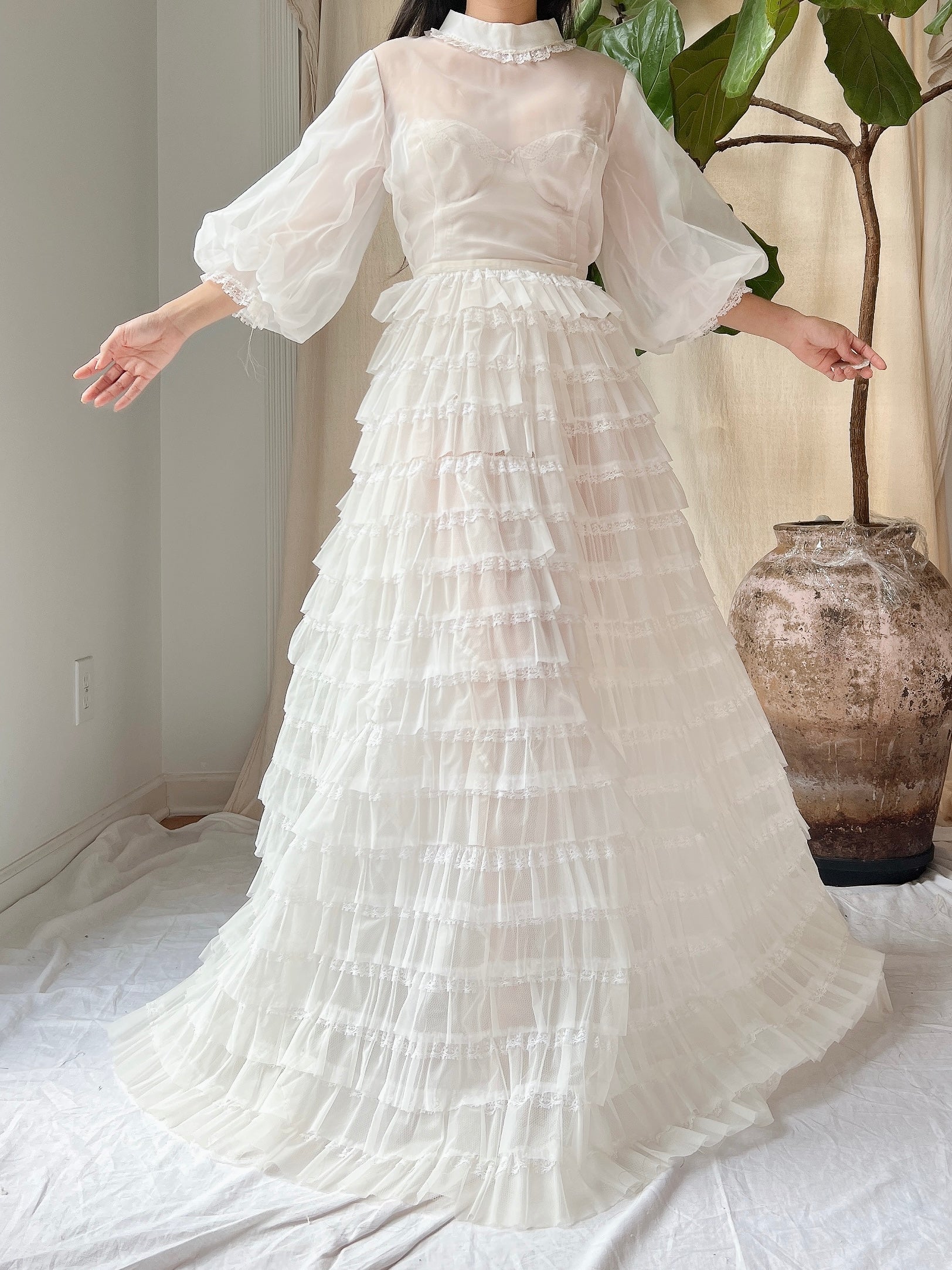 1960s Sheer Puff Sleeves Tiered Gown - S